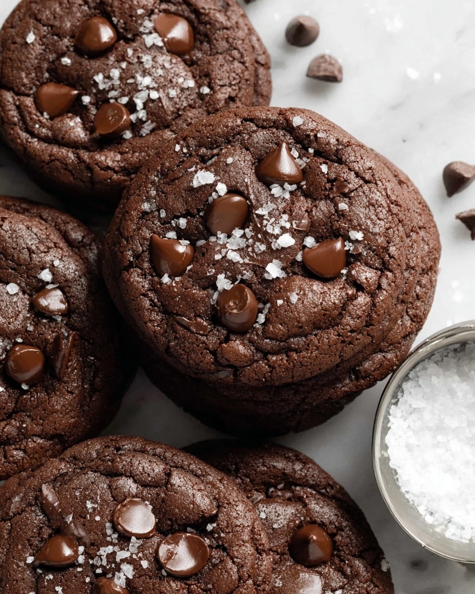 The image shows a close-up top view of a stack of soft, round chocolate cookies with rich, dark brown color. Each cookie has several shiny, melted dark chocolate chips scattered on the top layer, giving a smooth and glossy texture in spots. Visible large flakes of white salt are sprinkled on the cookies, adding contrast to the deep brown surface. The cookies are tightly placed next to each other on a white marbled surface. To the right, part of a metal measuring cup filled with coarse white salt is visible, adding a touch of brightness to the image. The whole setting looks fresh and inviting. photo taken with an iphone --ar 4:5 --v 7