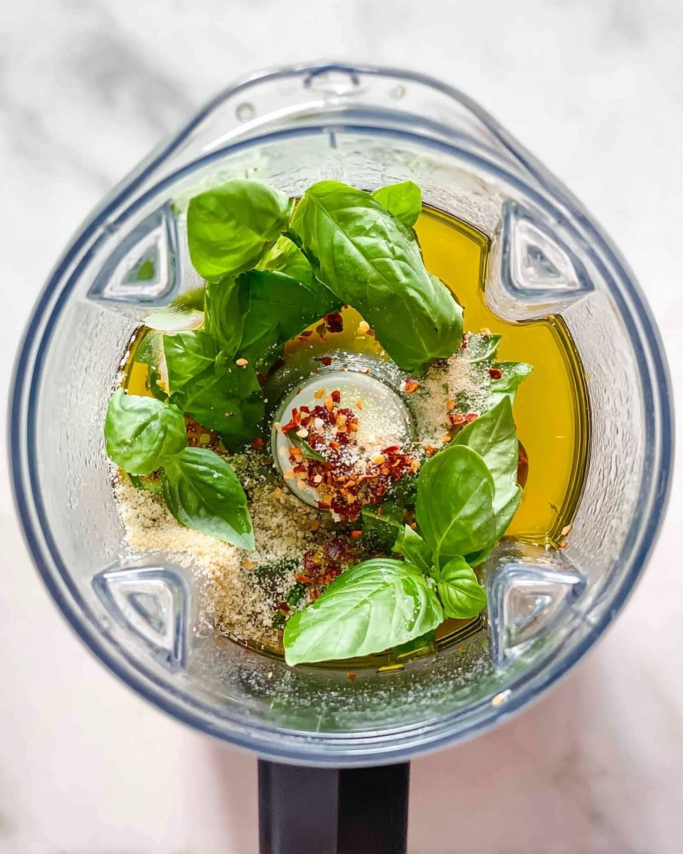 The image shows the inside of a clear blender with a few layers of ingredients. At the bottom, there is a layer of golden olive oil. Fresh bright green basil leaves are placed above the oil, some resting on the blender blades. There is a mix of white granulated garlic powder and red chili flakes sprinkled lightly on top of the basil leaves. Tiny salt crystals add a slight sparkle over the other ingredients. The blender sits on a white marbled surface, and the whole scene is sharp and bright. Photo taken with an iphone --ar 4:5 --v 7