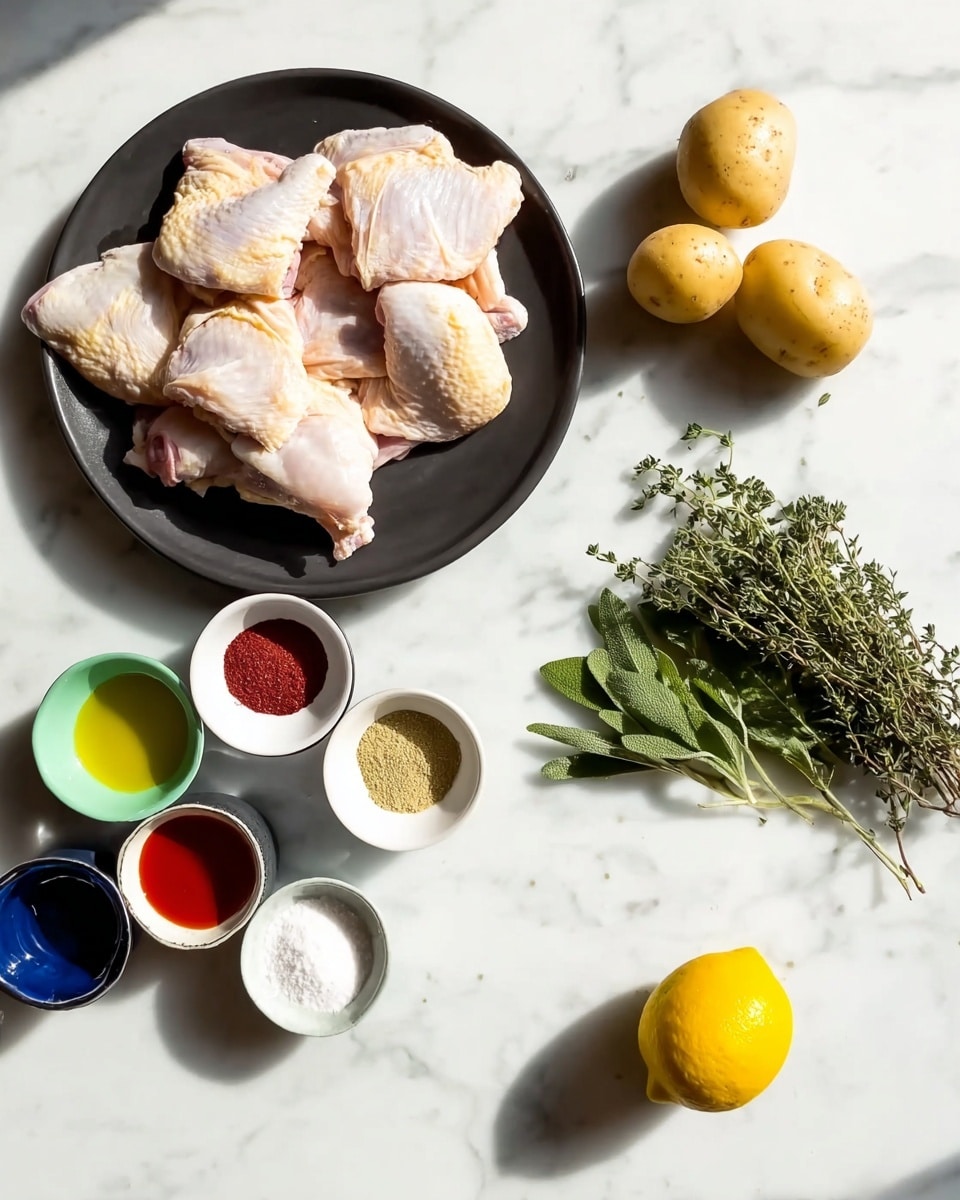 The image shows a black plate filled with several pieces of raw chicken skin facing up, placed on a white marbled surface. To the right of the plate, there are two whole yellow potatoes. Scattered below the plate are five small white bowls with different seasonings: a green bowl with red powder, a purple bowl with a light beige powder, a white bowl with yellow olive oil, a blue bowl with cream-colored powder, and a red bowl with dried green leaves. A bright yellow lemon is placed near the bottom center, and to its right, there is a small pile of fresh green herbs including sage and thyme. The scene is lit with natural light, creating soft shadows. Photo taken with an iphone --ar 4:5 --v 7