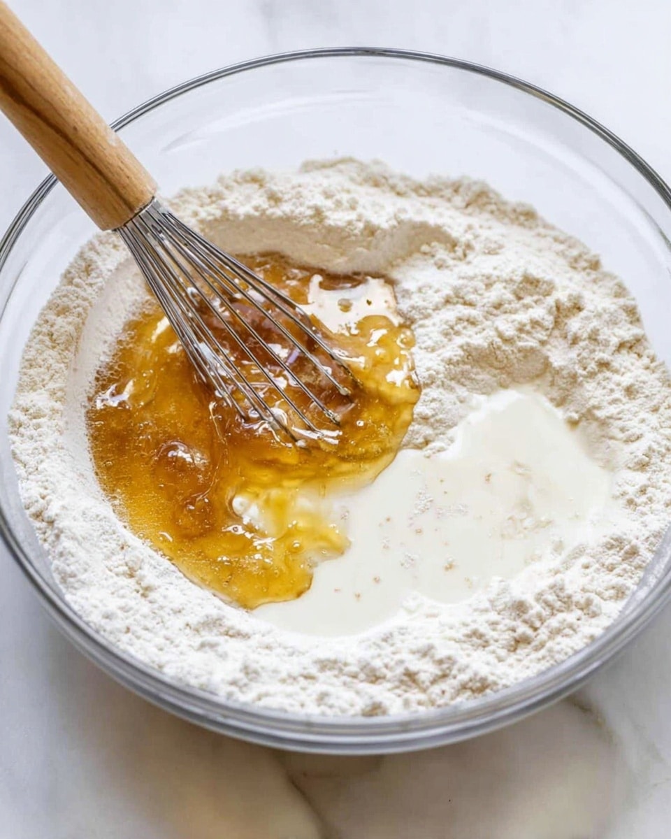 A clear glass bowl is placed on a white marbled surface, filled with several ingredients before mixing. The base layer is white flour, covering most of the bowl's bottom. On top of the flour, there is a pool of golden honey with a shiny, sticky texture on the left side, and creamy white milk on the right side, both lying separately but close. A whisk with a wooden handle is partially inside the bowl, resting on the honey and milk section, ready to mix the ingredients. The overall scene is bright and clean, showing the start of a baking process photo taken with an iphone --ar 4:5 --v 7