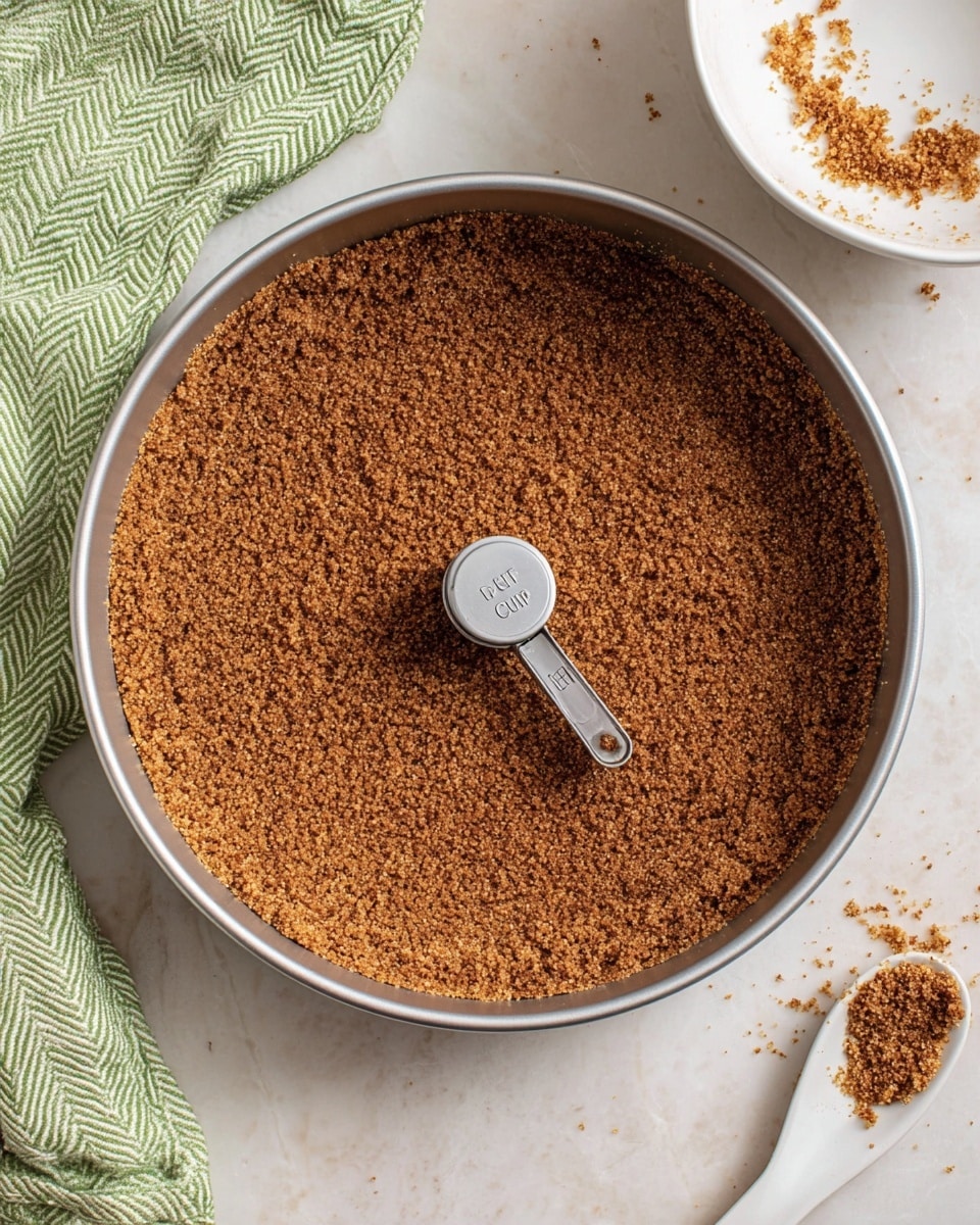 The image shows a close-up of a single layer of crushed brown crumbs evenly pressed onto the inside bottom and sides of a round silver baking pan, forming a crust base. A small silver measuring cup marked