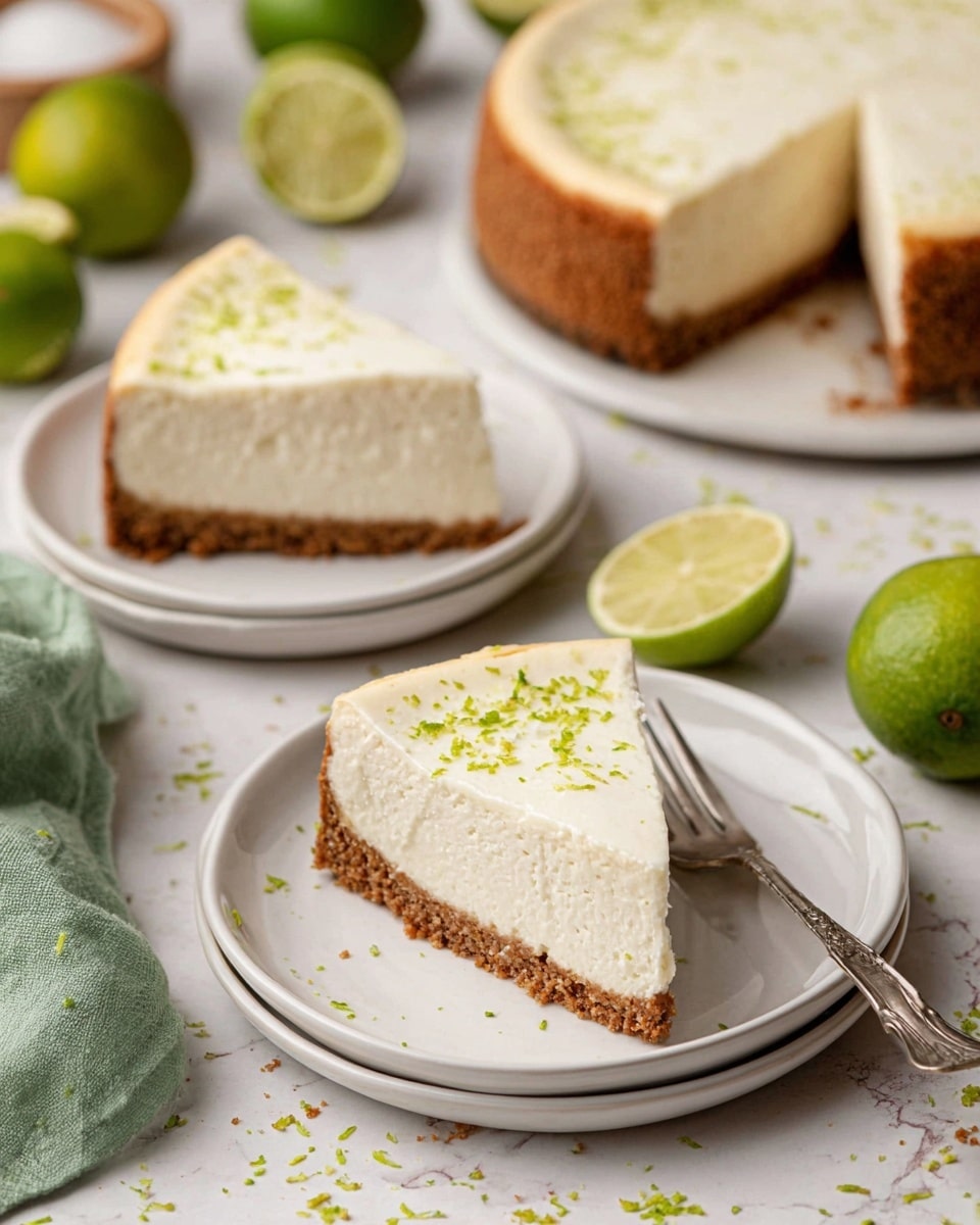 A slice of cheesecake with two layers sits on a white plate on a white marbled surface. The first layer is a thick, crumbly brown crust at the bottom, and the second layer is a creamy off-white cheesecake filling topped with a smooth white cream layer sprinkled with small green lime zest pieces. Behind this plate, there is another slice of the same cheesecake with the same layers on a white plate, accompanied by a silver fork. In the background, there is a larger cheesecake with one slice removed, showing the same layering and texture. Around the plates are whole and halved limes, some lime zest scattered on the surface, and a green cloth in the corner. photo taken with an iphone --ar 4:5 --v 7