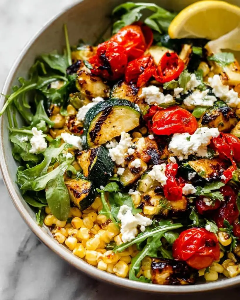 Grilled Zucchini Salad with Cherry Tomatoes, Corn, and Goat Cheese Recipe