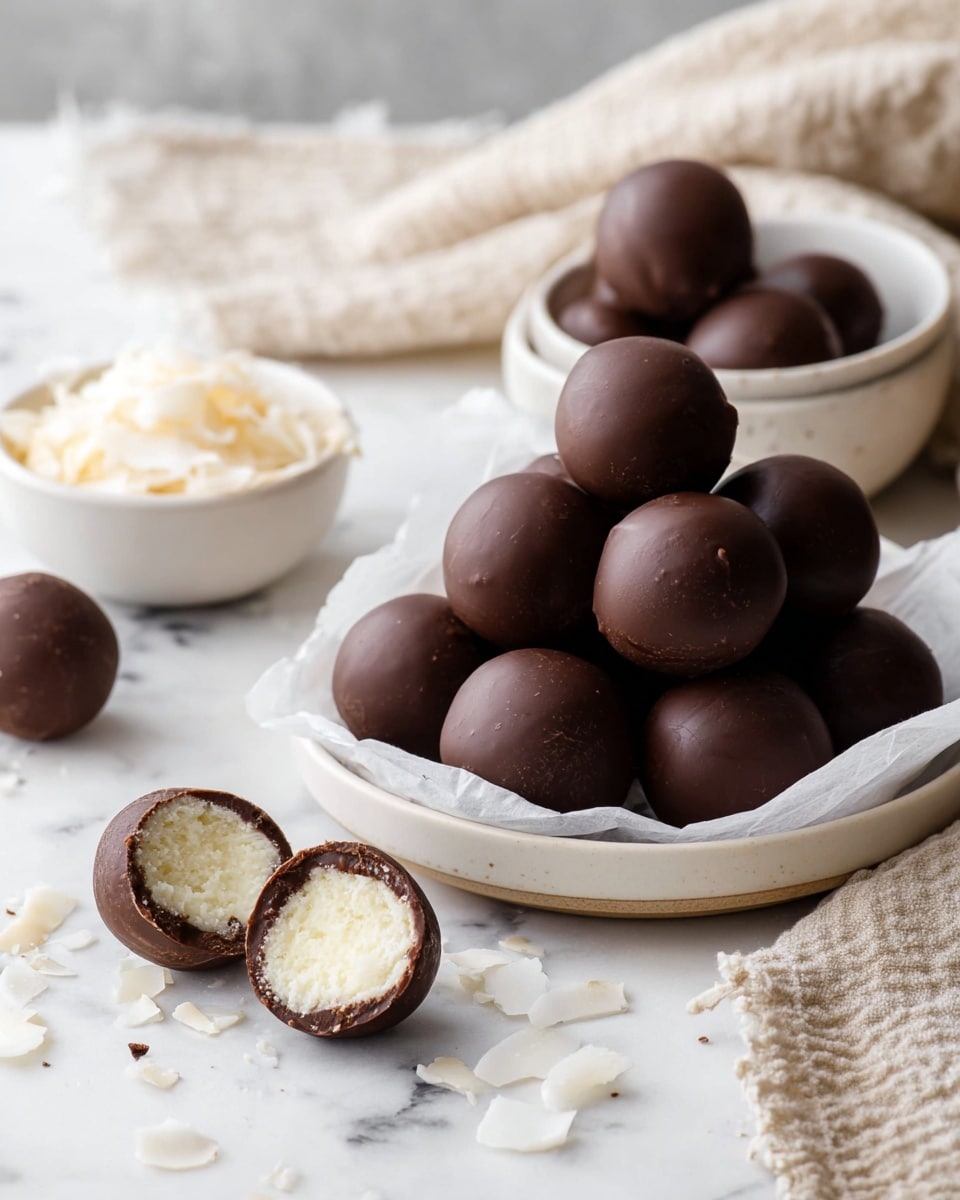 A white plate lined with white parchment paper holds a pile of smooth, dark brown chocolate balls, some whole and some broken to show a creamy white interior with a slightly crumbly texture; one broken ball rests on the edge of the plate in front, showing the thick chocolate shell and soft center. Nearby, a smaller white bowl is filled with large pale coconut flakes and has a chocolate ball with a bite taken out resting on the flakes. Another smaller white bowl in front holds more dark chocolate balls, arranged close together. The scene is set on a white marbled surface with a beige textured cloth casually draped to the side. Photo taken with an iphone --ar 4:5 --v 7