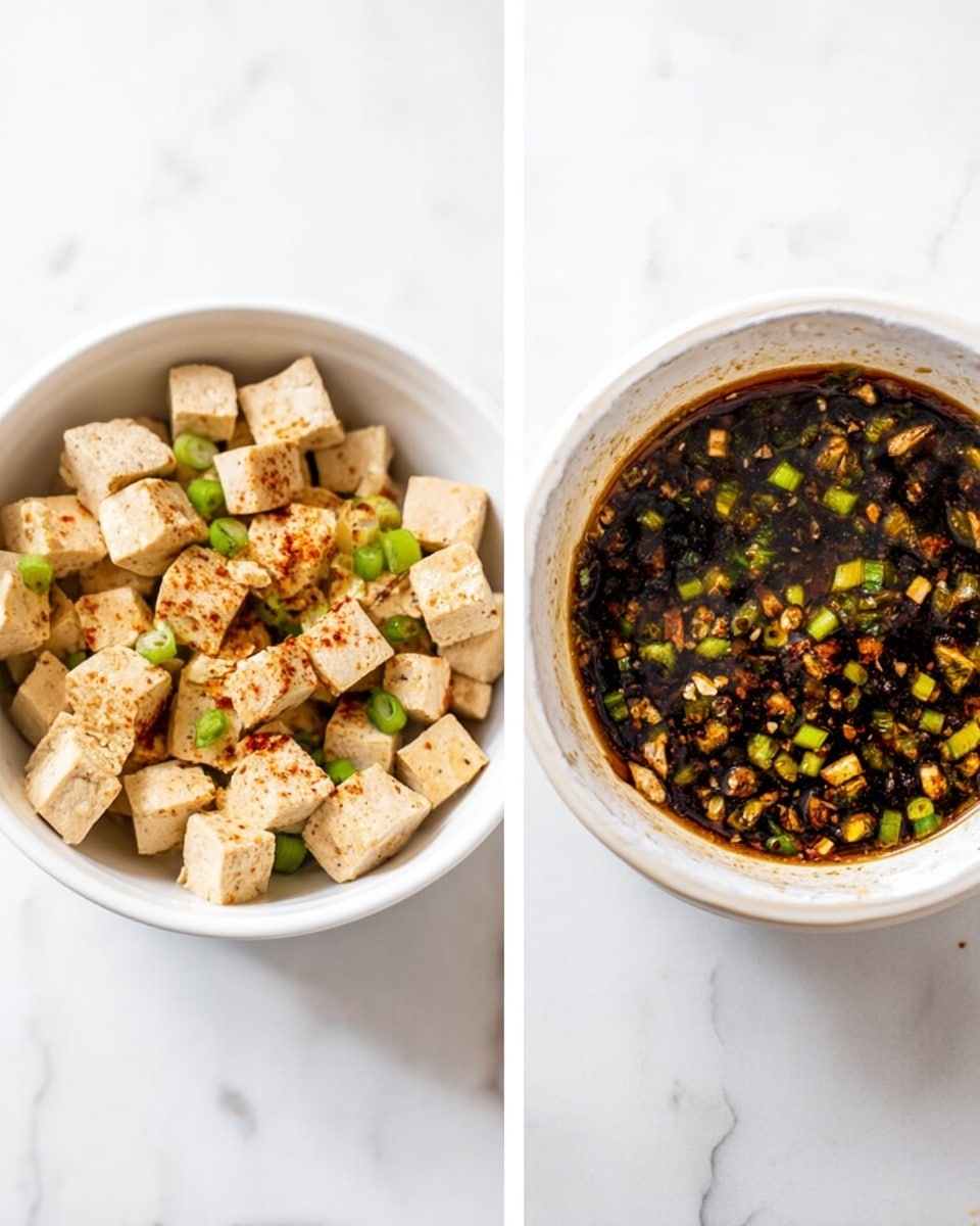 The image shows two side-by-side white bowls on a white marbled surface. The left bowl is filled with small beige tofu cubes, each lightly coated with a reddish-brown seasoning, mixed with small pieces of bright green chopped scallions scattered on top. The right bowl holds a dark, almost black sauce with a thick liquid texture and visible chopped green scallions, small bits of garlic, and seeds floating inside, giving it a textured look. Both bowls have a clean, fresh appearance. Photo taken with an iphone --ar 4:5 --v 7