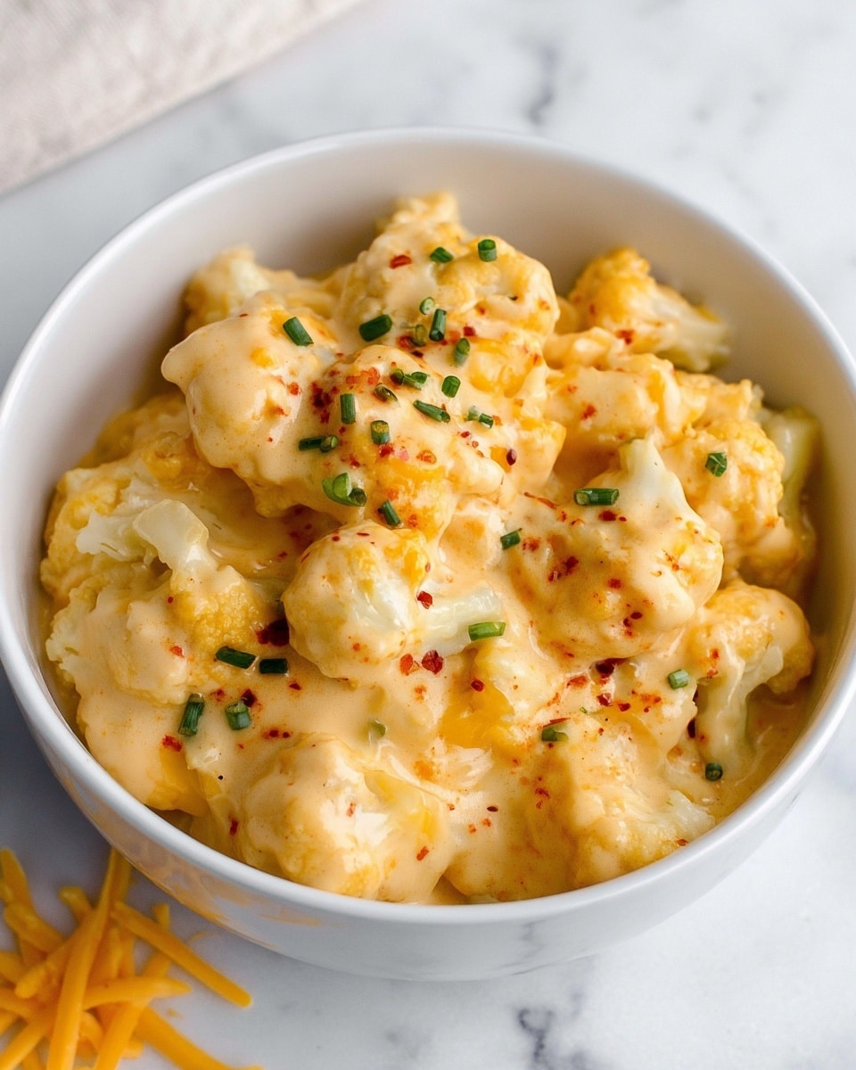 A white bowl filled with creamy cauliflower cheese. The dish has small cauliflower pieces coated in smooth, thick, pale yellow cheese sauce with some orange tones. There are green chive bits sprinkled on top and small hints of red seasoning visible on the cheese. Some shredded cheese pieces are placed near the bowl on a white marbled surface. The texture looks soft and cheesy with a few browned spots from baking. photo taken with an iphone --ar 4:5 --v 7