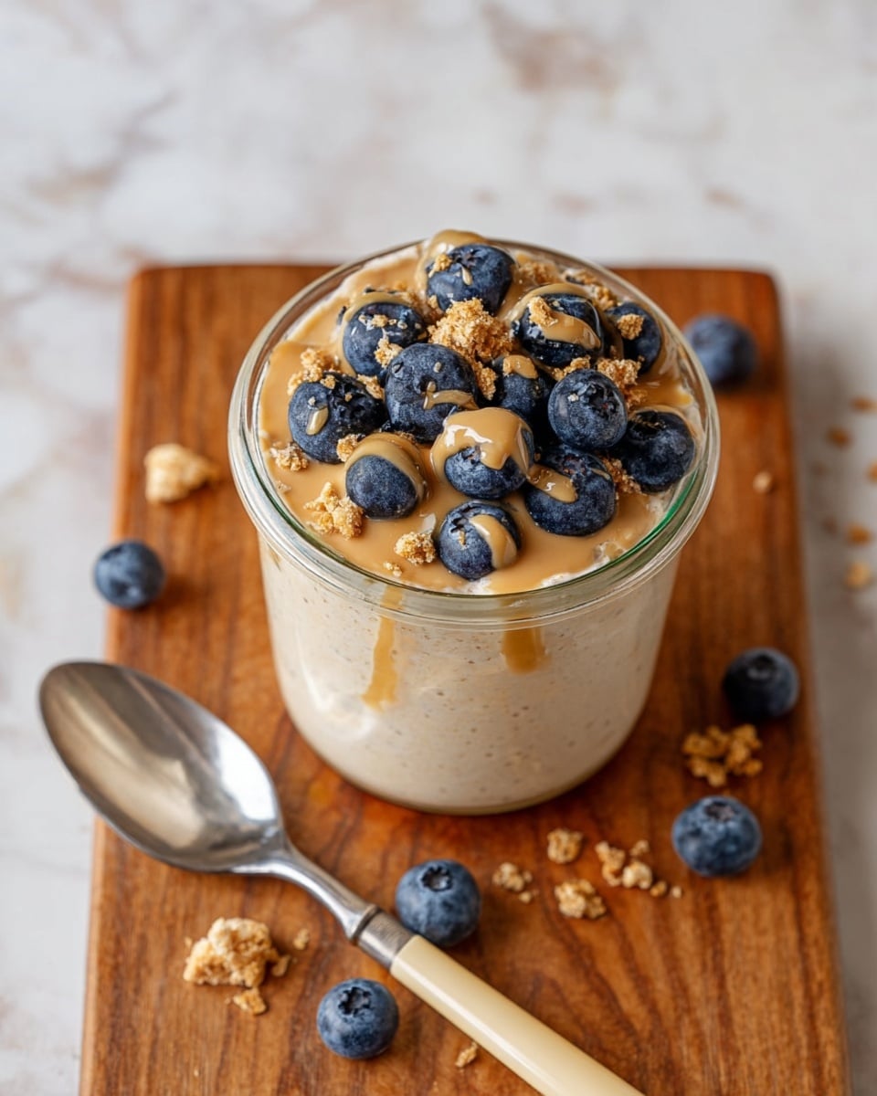 A glass jar is filled with a creamy light beige base that looks like oatmeal or yogurt. On top, there is one layer of fresh, plump blueberries, dark blue with a slight shine, arranged closely together in the center. Scattered over the berries and around the jar are small crunchy pieces that are light brown and golden in color. A light tan sauce is drizzled over the blueberries and crunchy bits, adding a smooth texture contrast. The jar sits on a wooden board, and next to it is a spoon with a beige handle and silver scoop. The background is a white marbled texture. photo taken with an iphone --ar 4:5 --v 7