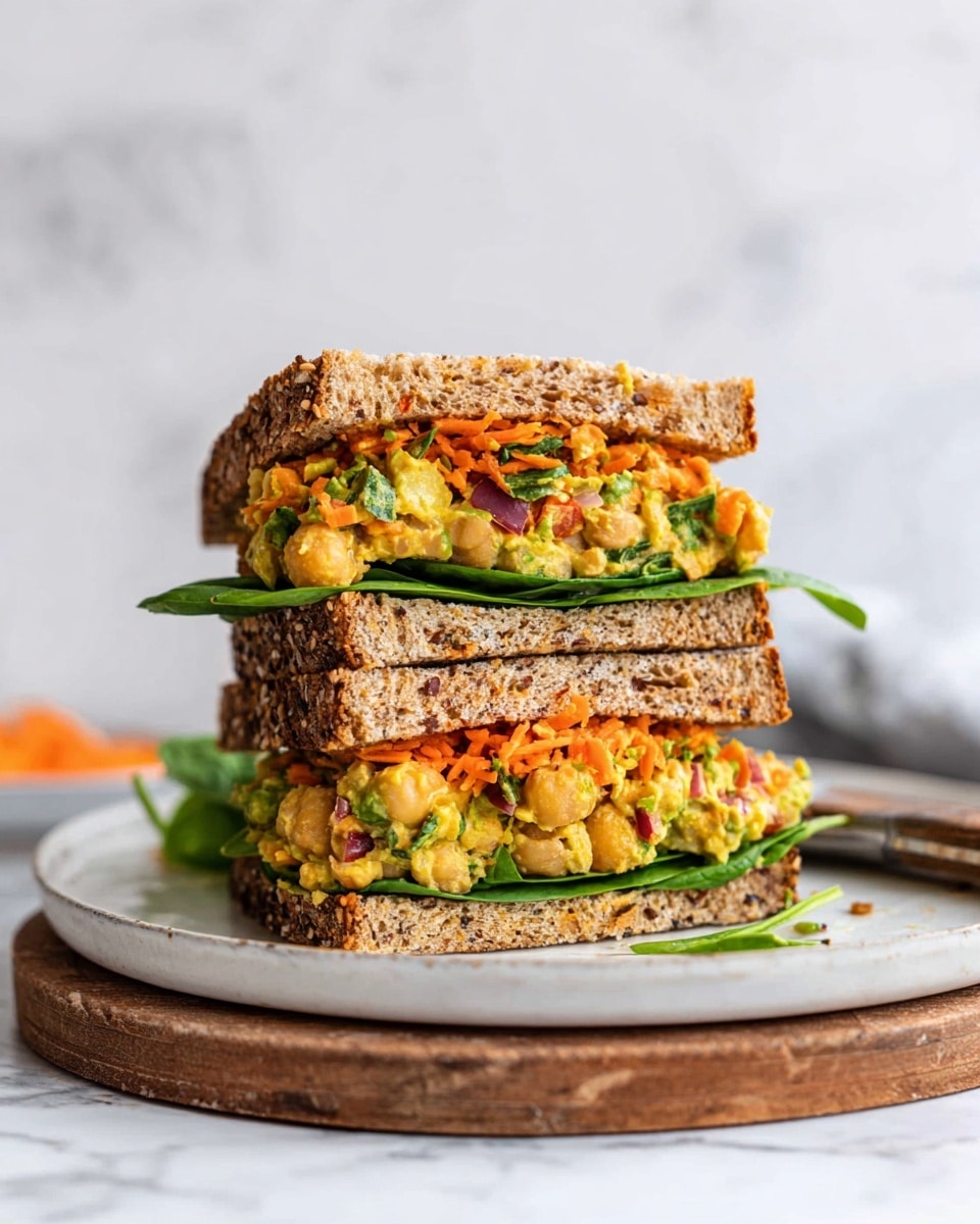 A sandwich is stacked in two halves on a white plate with a wooden board underneath, placed on a white marbled surface. The sandwich has three visible layers of seeded brown bread. Inside, the first layer is fresh green spinach leaves, followed by a thick layer of mixed mashed chickpeas with visible chunks of yellow, orange, and green vegetables, and small bits of red onion. On top of the chickpea mixture is a layer of shredded bright orange carrot. The sandwich looks fresh and colorful with a natural texture in the bread and filling. A knife is partly visible on the right side of the plate. Photo taken with an iphone --ar 4:5 --v 7