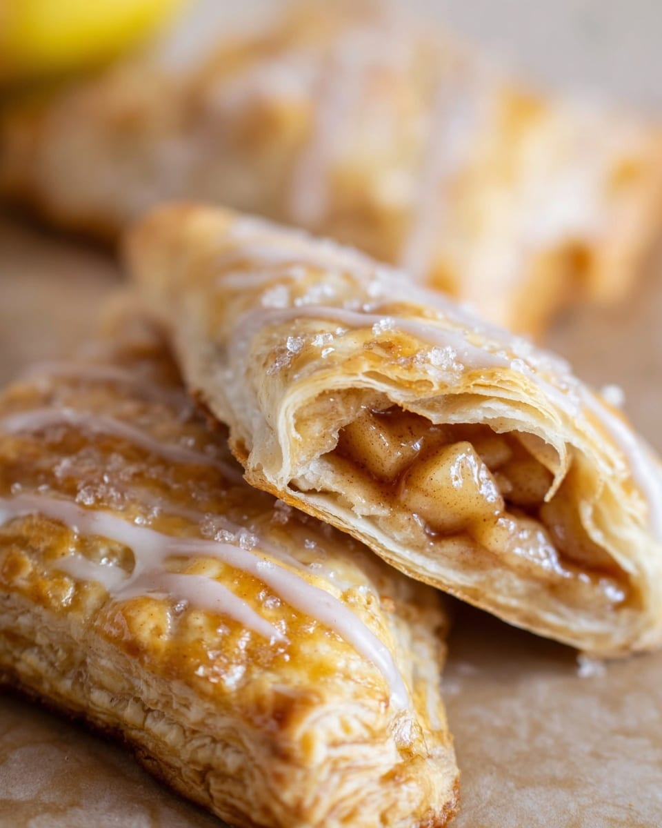 The image shows a close-up of a folded puff pastry with a crispy, golden-brown crust. The top layer has a light drizzle of white icing and some small sugar crystals that add texture. One piece is cut open and slightly lifted, revealing a warm, gooey filling made of soft apple chunks coated in a shiny, light brown cinnamon sauce. The background is a white marbled texture that softly blurs out, keeping the focus on the pastry with its flaky layers and rich filling. photo taken with an iphone --ar 4:5 --v 7