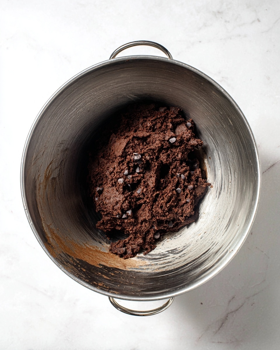 A large silver metal mixing bowl with two handles holds a single large piece of thick, dark brown chocolate dough mixed with small dark chocolate chips scattered within. The dough has a rough, slightly crumbled texture and sits at the bottom center of the bowl, which shows visible wear and scratches inside. The bowl rests on a white marbled surface with soft lighting highlighting the dough and metal texture. photo taken with an iphone --ar 4:5 --v 7