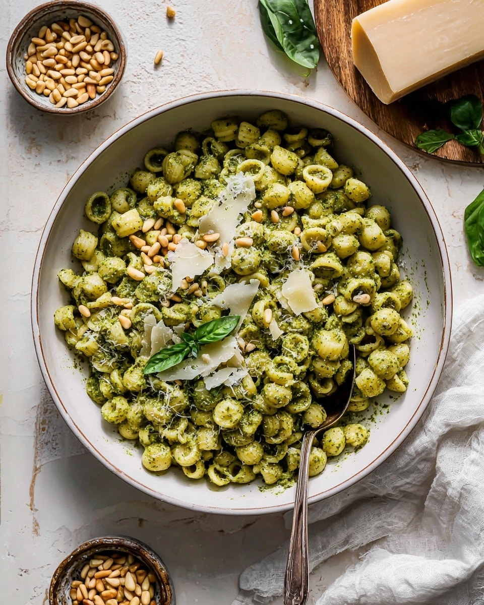 The image shows a large white bowl filled with small, round greenish pasta pearls coated in a green pesto sauce. On top of the pasta, there are scattered pale yellow parmesan shavings and light tan pine nuts, along with a few fresh green basil leaves adding a fresh touch. A tarnished silver spoon is placed inside the bowl, partially buried in the pasta. The bowl sits on a white marbled surface with visible texture, and near it are small bowls of pine nuts and pesto, some fresh basil leaves, a block of Parmesan cheese, and a folded white cloth. The overall colors are earthy and fresh, with tones of green, cream, and light brown. photo taken with an iphone --ar 4:5 --v 7