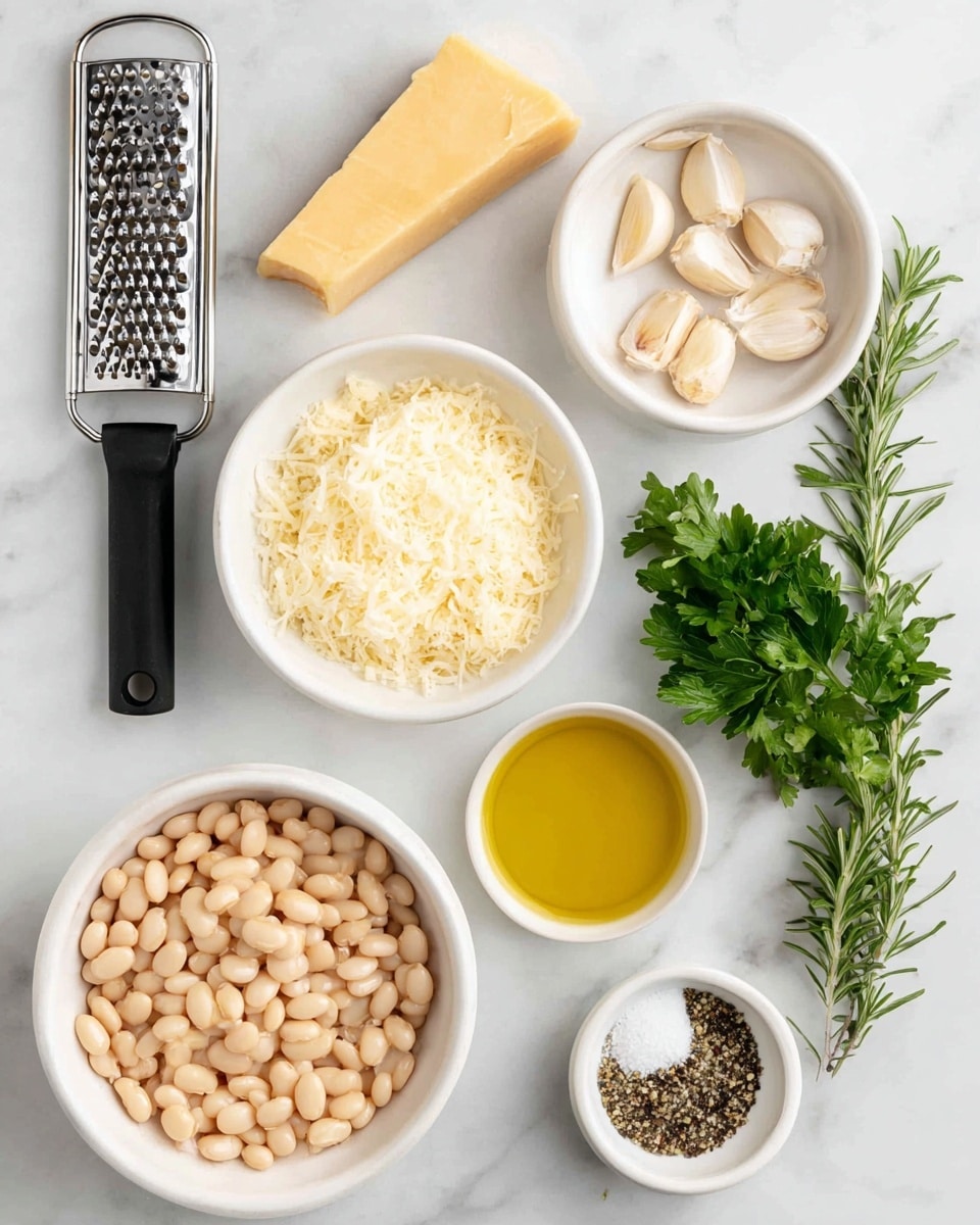 A top-down view of several ingredients arranged neatly on a white marbled surface. At the bottom left, a large white bowl is filled with light beige beans. Above it, a white bowl contains finely grated pale yellow cheese. Next to the cheese, on the right, a white bowl holds several whole peeled garlic cloves, and fresh green parsley leaves lie beside it. To the top left, a black-handled metal grater rests with a wedge of light yellow cheese on it. To the right of the garlic, a white bowl has a light golden yellow liquid, likely olive oil. At the bottom right, a small white bowl shows separate piles of coarse salt and black pepper. A sprig of fresh rosemary is placed near the top center. Photo taken with an iphone --ar 4:5 --v 7