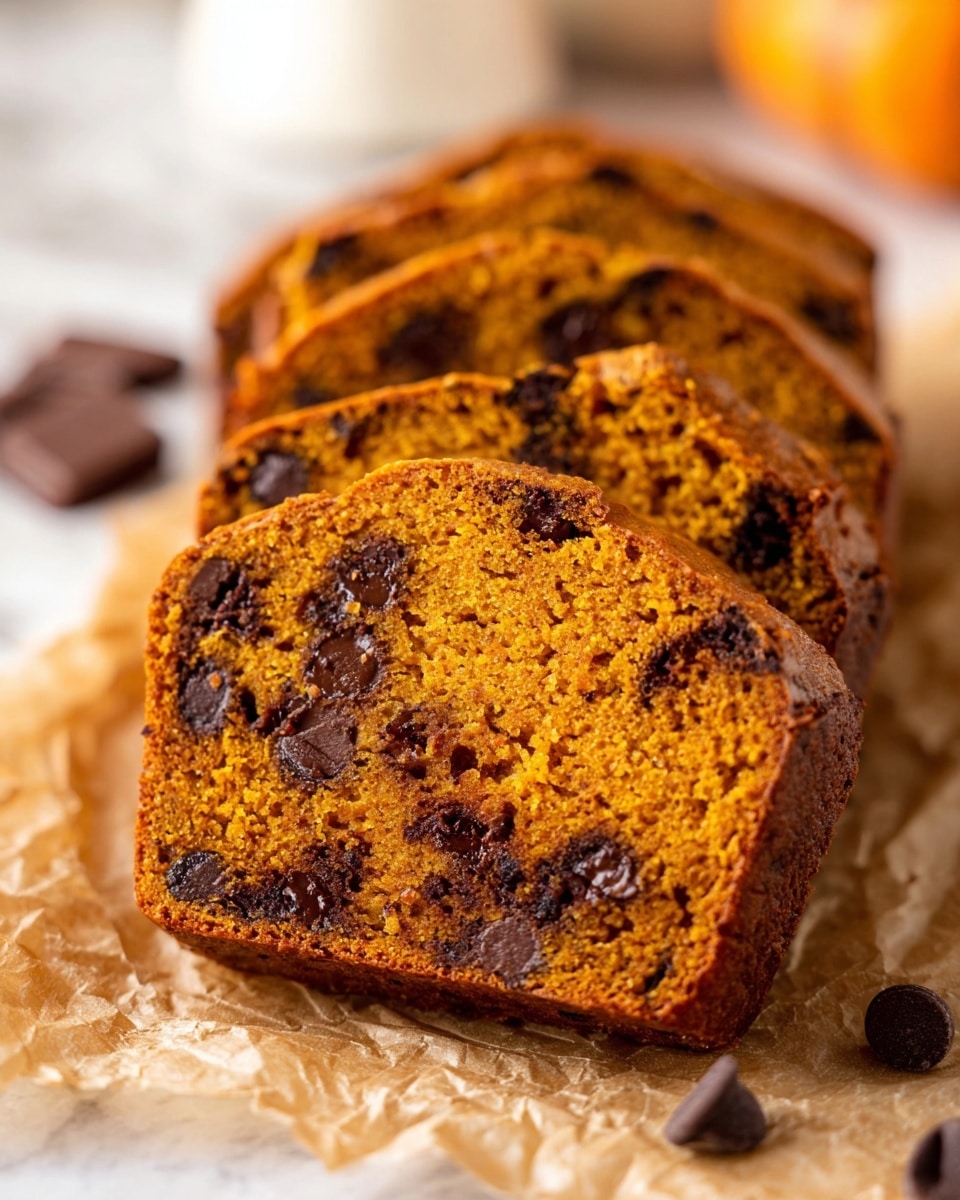A close-up view of four slices of pumpkin chocolate chip bread arranged in a row on crinkled light brown parchment paper. Each slice has a moist, dense texture with a warm orange-brown color and is filled with scattered dark chocolate chips that show a shiny, slightly melted look. The bread crust is golden brown and looks soft with slight cracks on top. The background is softly blurred with white marbled texture, emphasizing the detailed texture of the bread. A few dark chocolate chips are placed loose near the parchment paper. Photo taken with an iphone --ar 4:5 --v 7