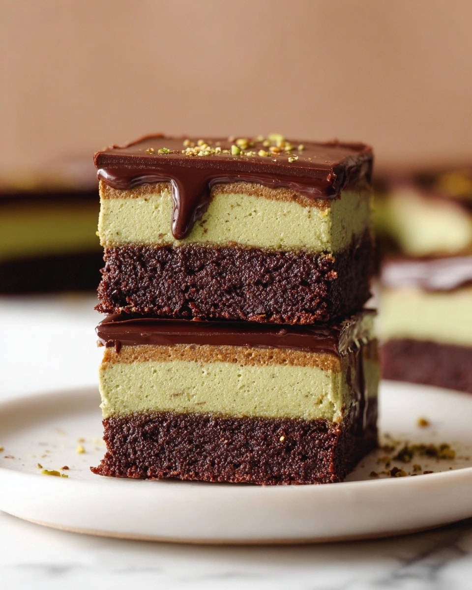 The image shows two square dessert pieces stacked on top of each other, each with three clear layers. The bottom layer is dark brown and dense, resembling a rich brownie texture. The middle layer is light green with a soft, slightly crumbly texture, likely a pistachio or matcha-flavored cream or mousse. The top layer is a thin, smooth, shiny chocolate glaze that drips slightly over the edges. The desserts rest on a white plate with a few dessert pieces blurred in the background, all placed on a white marbled surface. Photo taken with an iphone --ar 4:5 --v 7