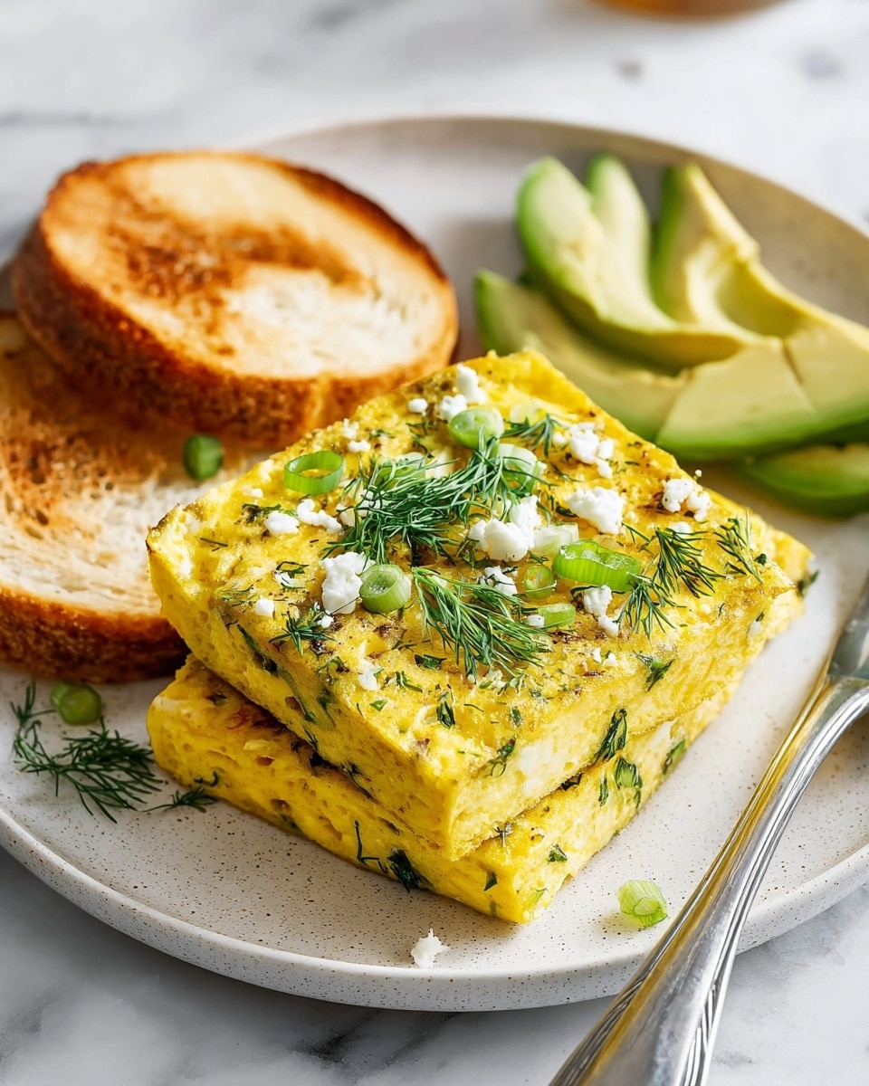 The dish shows two square pieces of fluffy yellow egg frittata layered on top of each other on a white plate with small green herb pieces sprinkled throughout and white cheese crumbles on top, garnished with fresh green dill and sliced green onions; to the upper left of the frittata are two halves of a toasted English muffin with a golden brown crispy texture, and to the upper right are three slices of creamy light green avocado with a smooth texture, all placed on a white marbled surface with a silver fork resting on the plate’s edge near the avocado, photo taken with an iphone --ar 4:5 --v 7