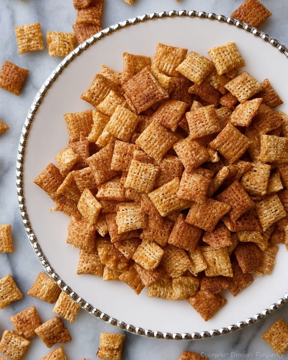 The image shows a close-up top view of a large white plate with a shiny, silver beaded edge, filled with light brown square-shaped crunchy snacks that have a textured, porous surface. The plate sits on a white marbled surface, with some of these snacks scattered loosely around the plate, creating a casual and inviting look. The snack pieces have varying shades of golden brown, showing some lightly toasted edges and a crunchy texture. Photo taken with an iphone --ar 4:5 --v 7