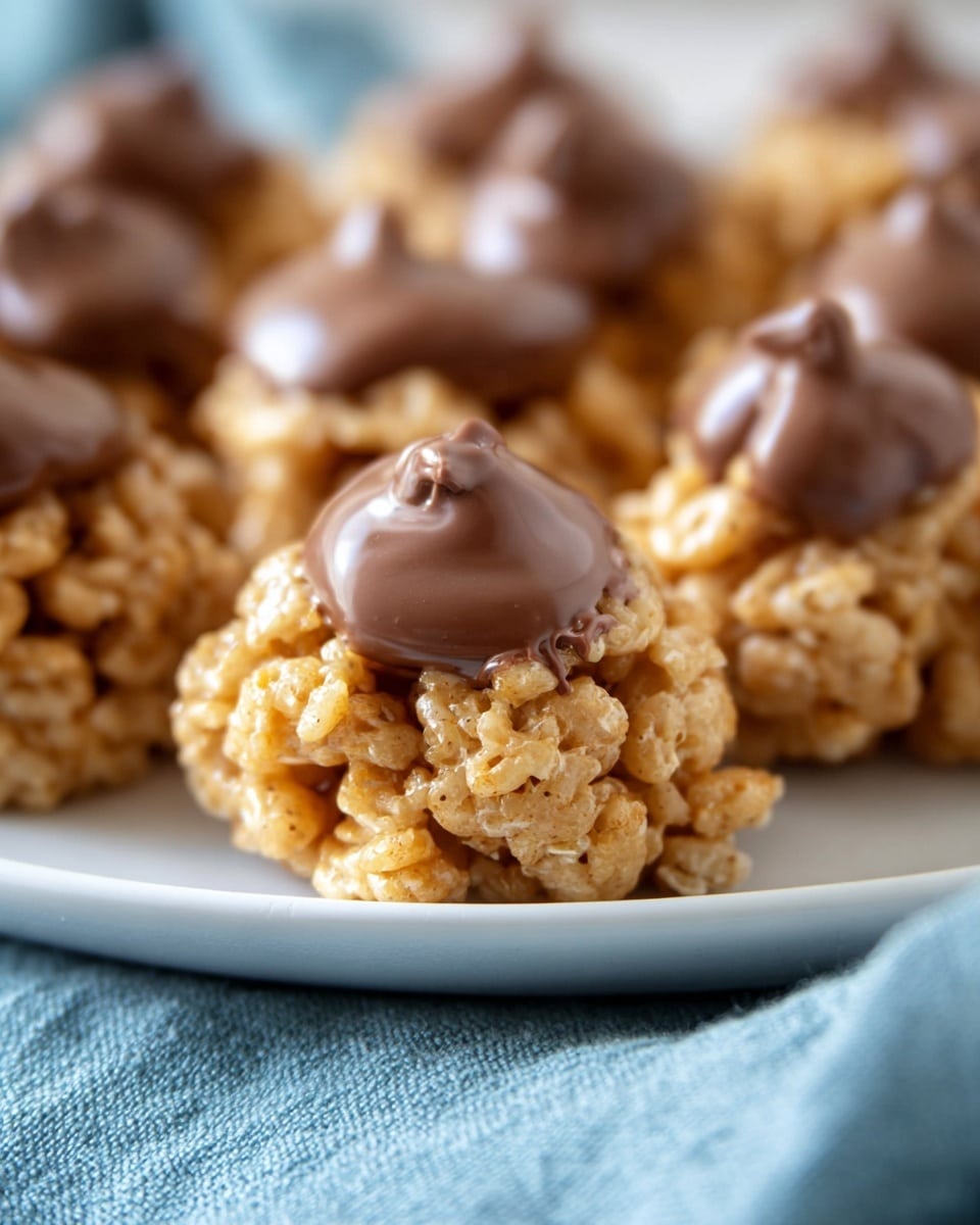 The image shows several small treats arranged tightly on a white round plate, which sits on a light blue cloth on a white marbled surface. Each treat has a base layer made of crispy, light golden cereal clusters that look sticky and rough in texture. On top of each cluster, there is a thick, glossy layer of creamy light brown chocolate that smoothly blankets the upper part of each treat with slight curves and small bumps. The treats fill most of the plate and appear soft and chewy. Photo taken with an iphone --ar 4:5 --v 7