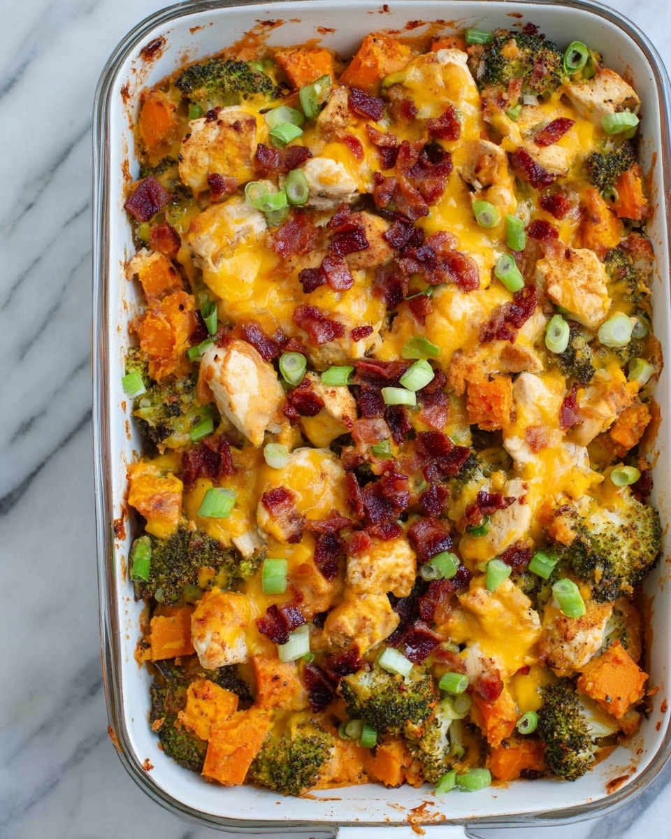 A white rectangular glass baking dish filled with a colorful baked casserole, showing about three layers: a base layer of vibrant orange roasted sweet potato cubes, a middle layer of green broccoli florets, and a top layer of melted golden yellow cheddar cheese covering chunks of cooked white chicken pieces. Scattered on the top are small dark red crispy bacon bits and thinly sliced fresh light green scallions. The dish sits on a white marbled surface, with the edges of the baking dish showing slight browning from cooking. photo taken with an iphone --ar 4:5 --v 7