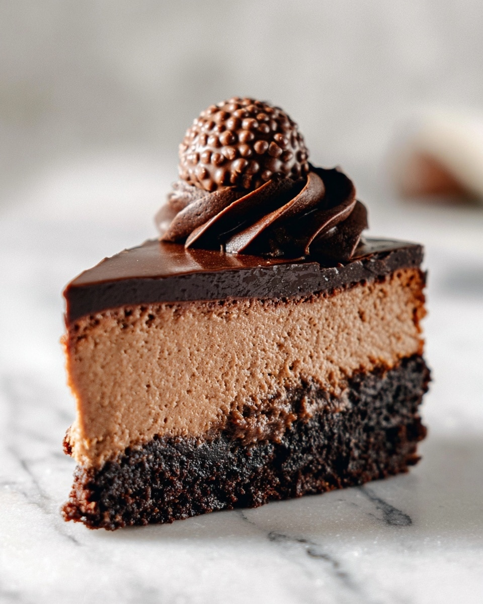 A slice of chocolate cheesecake with three visible layers: a dark brown, crumbly base layer, a thick middle layer of creamy, light brown chocolate cheesecake, and a smooth dark chocolate ganache layer on top. On top of the ganache is a swirl of dark chocolate frosting with a round, textured chocolate candy ball sitting on it. The slice is placed on a white marbled surface with soft natural lighting, showing fine details of the textures. photo taken with an iphone --ar 4:5 --v 7