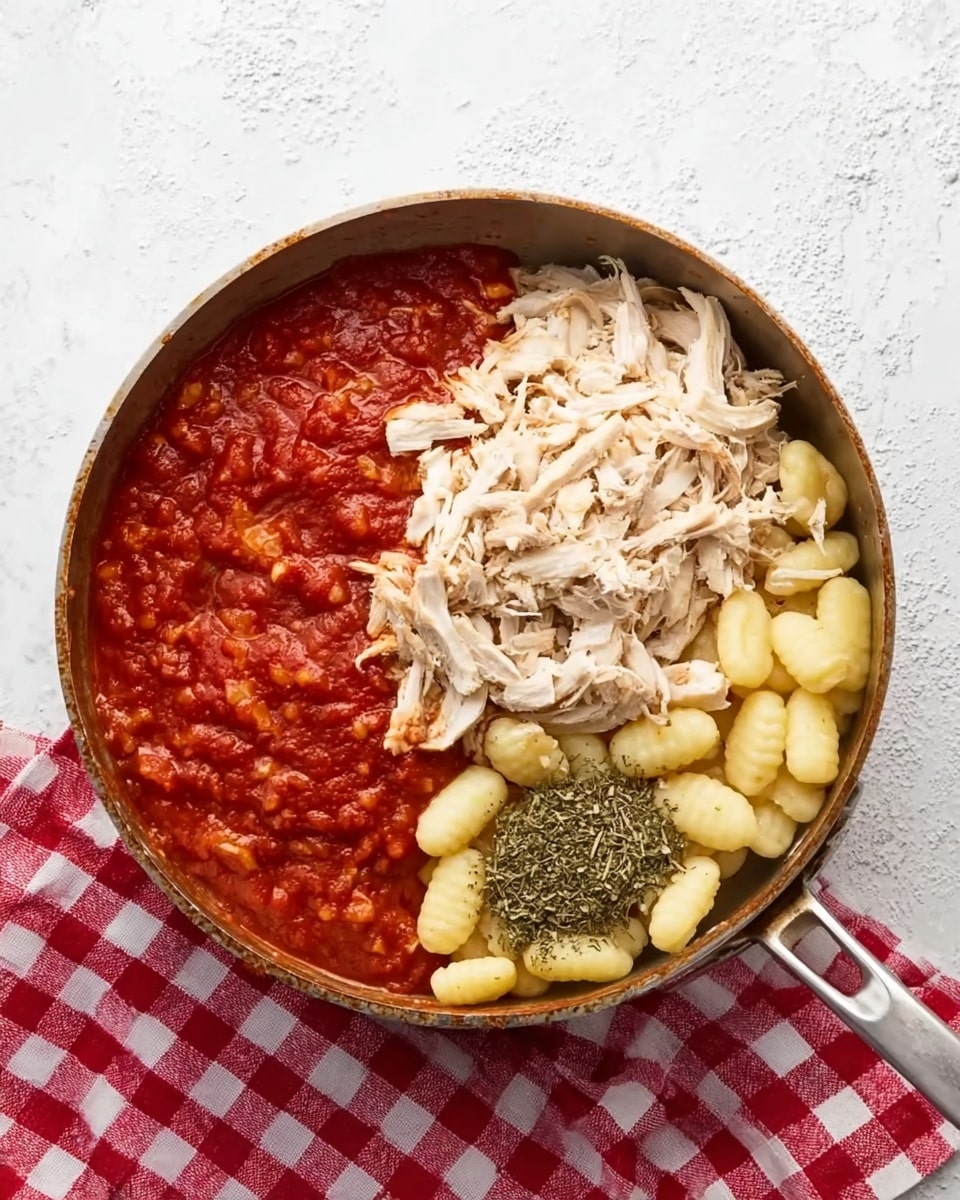 In a large cooking pan placed on a white marbled surface with a red and white checkered cloth nearby, there are three main layers. On the left side, a thick layer of red tomato sauce with visible small chunks and a rich texture covers about half of the pan. On the bottom right side, there is a layer of pale yellow gnocchi with a smooth, slightly ridged surface. On the top right, shredded white meat is piled loosely over the gnocchi, appearing tender and soft. Between the sauce and meat, small piles of dried herbs in green and dark green shades add detail and contrast. Photo taken with an iphone --ar 4:5 --v 7