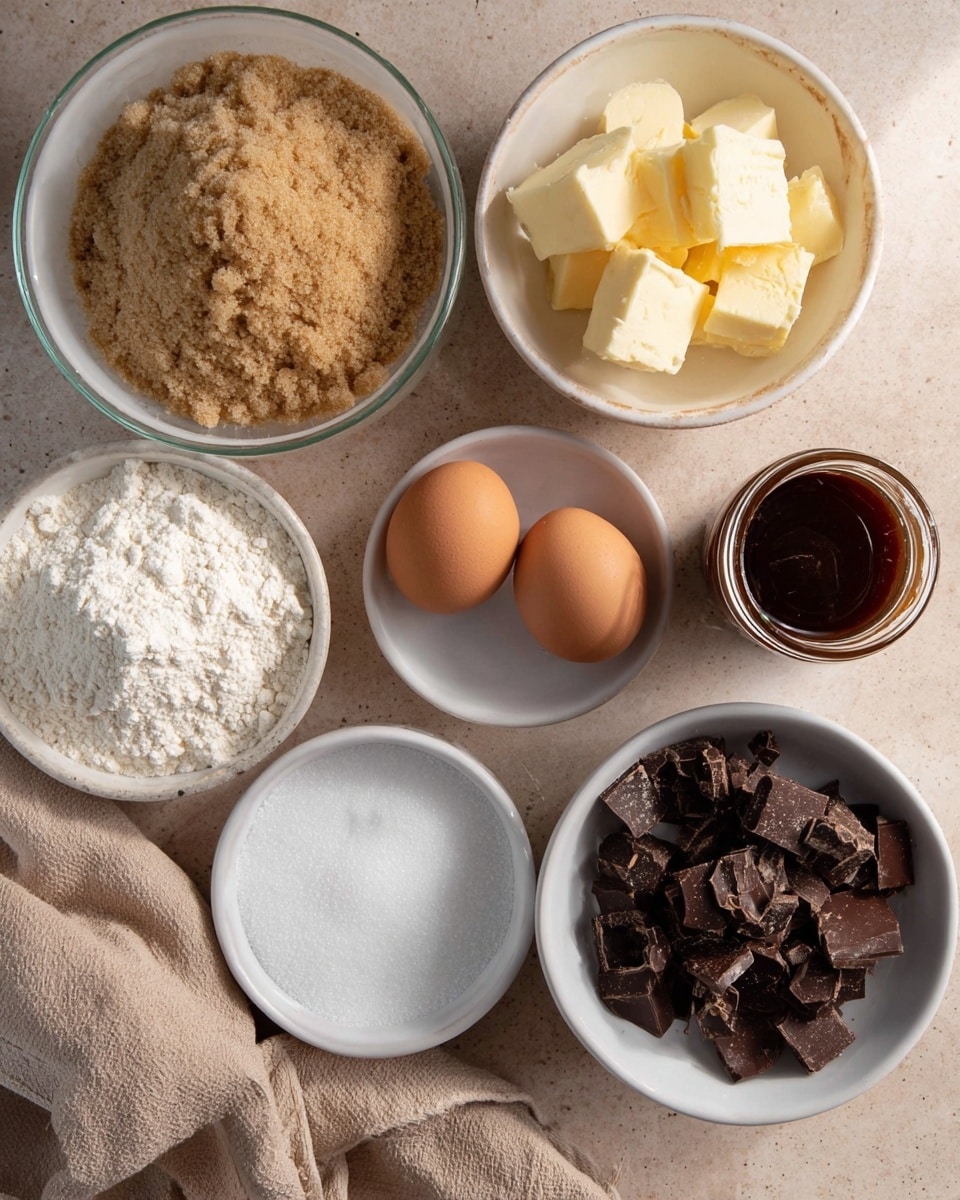 The image shows several small white bowls arranged on a surface with a light beige background. One bowl holds light brown sugar with a grainy texture, another contains smooth yellow butter cut into chunks, a small bowl has fine white granulated sugar, and a third bowl is filled with white powdery flour. Two brown eggs are placed side by side near an open jar of dark brown spread or syrup. Another white bowl contains a mix of chopped milk and dark chocolate pieces, both smooth and shiny. A beige textured cloth lies folded near the bottom left side of the frame. Photo taken with an iphone --ar 4:5 --v 7