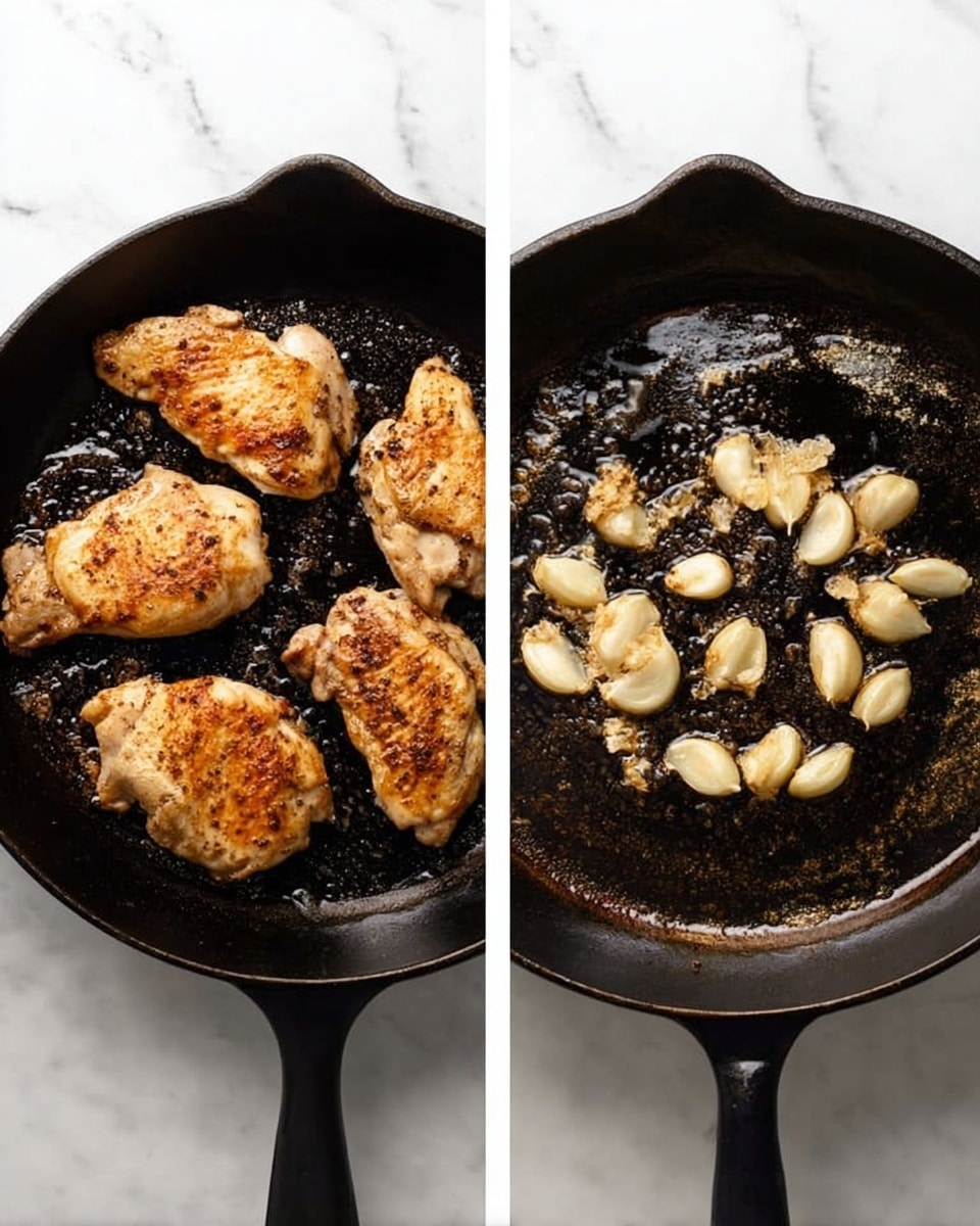 A black cast iron pan sits on a white marbled surface in two photos side by side. In the left photo, the pan holds four pieces of golden brown cooked chicken, each piece showing a slightly crispy and seasoned texture with darker browned spots, filling most of the pan’s flat surface. In the right photo, the same pan contains several small cloves of garlic, lightly browned and sizzling in oil, scattered unevenly across the pan’s center. Photo taken with an iphone --ar 4:5 --v 7