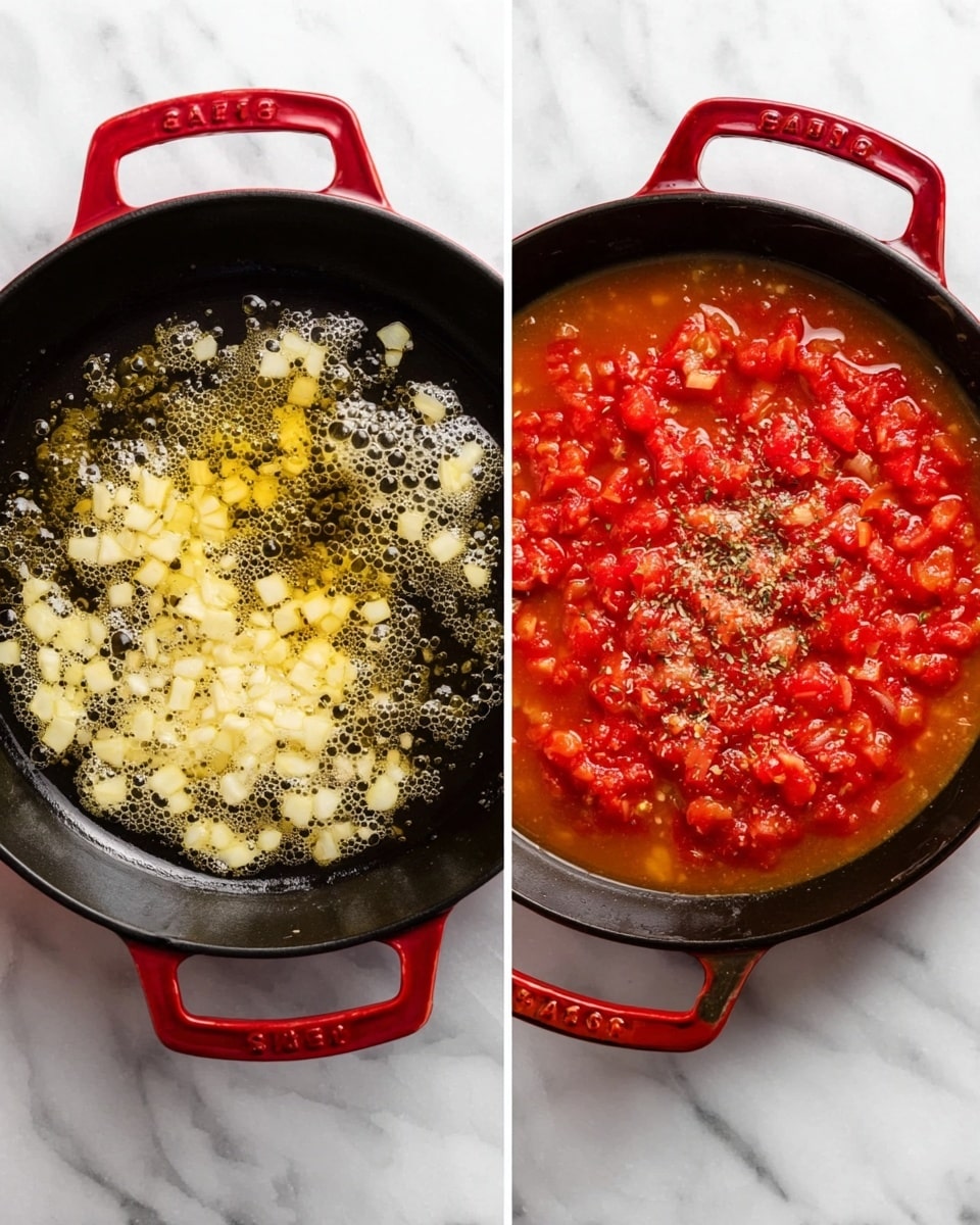 A red cast iron pan with a black cooking surface sits on a white marbled background in two stages: on the left side, there is a layer of melted butter with small yellow chopped garlic pieces sizzling gently in the center, with bubbles forming around the edges; on the right side, the same pan is filled with a thick, chunky tomato mixture, bright red with diced tomato pieces and some tomato paste in the middle, sprinkled with dried herbs on top, floating in a reddish-orange broth from the melted butter below. photo taken with an iphone --ar 4:5 --v 7
