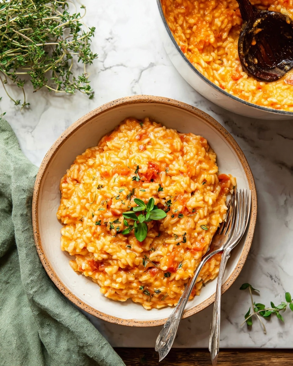 A bowl of creamy orange risotto sits centered on a white marbled surface. The risotto has a thick texture with visible rice grains and small bits of what looks like tomatoes mixed in. It is garnished with a few sprigs of fresh green herbs placed on top, adding a pop of color. Two silver forks rest inside the bowl on the right side. In the upper right corner, there is a white pot filled with more orange risotto and a dark wooden spoon partially submerged in it. To the left of the bowl, green herb sprigs and a soft green cloth add a natural touch to the scene. Photo taken with an iphone --ar 4:5 --v 7