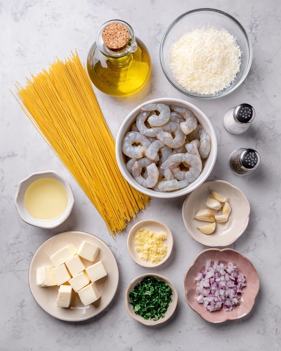 The image shows raw ingredients laid out neatly on a white marbled surface for a shrimp pasta dish. In the center, there is a bundle of uncooked yellow spaghetti pasta. To the right of the pasta, a white bowl holds peeled raw shrimp, grayish in color and curled. Above the shrimp, a clear glass bowl is filled with grated white cheese. To the top left of the pasta, a glass bottle filled with golden olive oil has a cork stopper. In front of the bottle, there is a white small bowl with a pale yellow liquid, likely lemon juice. Below this, a small white bowl contains minced garlic with a light yellow tone. Next to it, a small tan bowl holds grated ginger with a slightly darker yellow color. At the bottom left corner, a scalloped white plate displays several white cubes of butter. To the right of the butter, a small white bowl is filled with chopped green herbs. Finally, a pink scalloped plate to the bottom right contains finely chopped red onions. Two shakers, one with salt and one with black pepper, are placed near the top of the image. photo taken with an iphone --ar 4:5 --v 7
