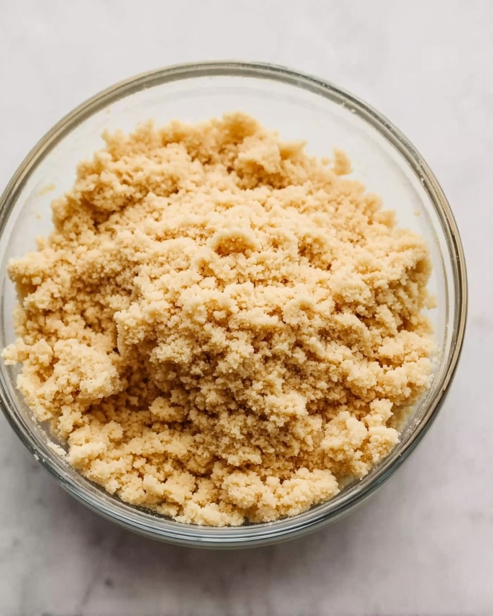 A clear glass bowl filled with light beige crumbly dough that looks soft and uneven in texture, sitting on a white marbled surface. The dough fills the bowl almost to the top, with small lumps and coarse granules visible, giving it a rough and grainy appearance. The bowl is shown from a slightly angled side view, showcasing the mix of bigger crumbs and powdery bits throughout the dough, without any other objects in the frame. Photo taken with an iphone --ar 4:5 --v 7