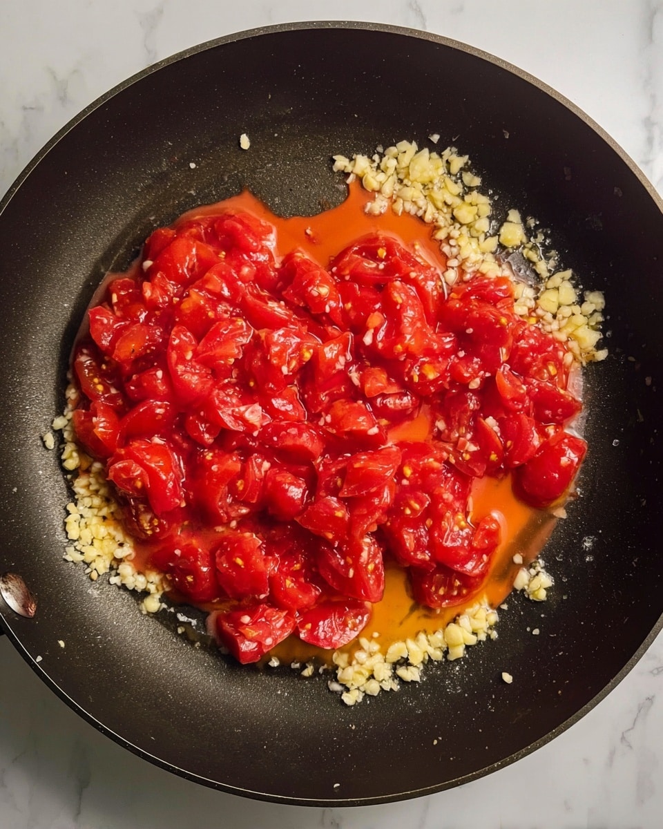 A close-up view of a black pan filled with a layer of bright red, chunky cooked tomatoes mixed with some juice in the center, surrounded by small bits of finely chopped garlic spread unevenly around the edges, all placed on a white marbled surface. photo taken with an iphone --ar 4:5 --v 7
