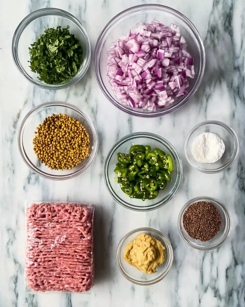 The image shows several clear glass bowls arranged on a white marbled surface, each containing different ingredients. At the bottom is a plastic package of light pink ground meat with a ridged texture. Above it, a medium bowl holds finely chopped purple onions. To the left of the onions, a bowl contains chopped green herbs, and above that, a smaller bowl contains chopped green chili peppers. To the right of the onions, there is a bowl with brown seeds, and above that, a bowl with white powder. At the top left, there is a bowl with round yellow-brown seeds, and next to it a bowl with a pale yellow paste. Below that, another bowl with a slightly darker yellow paste is positioned between the bowls with chili and brown seeds. The overall arrangement is neat, and all bowls are transparent, showing the colors and textures inside clearly. Photo taken with an iphone --ar 4:5 --v 7
