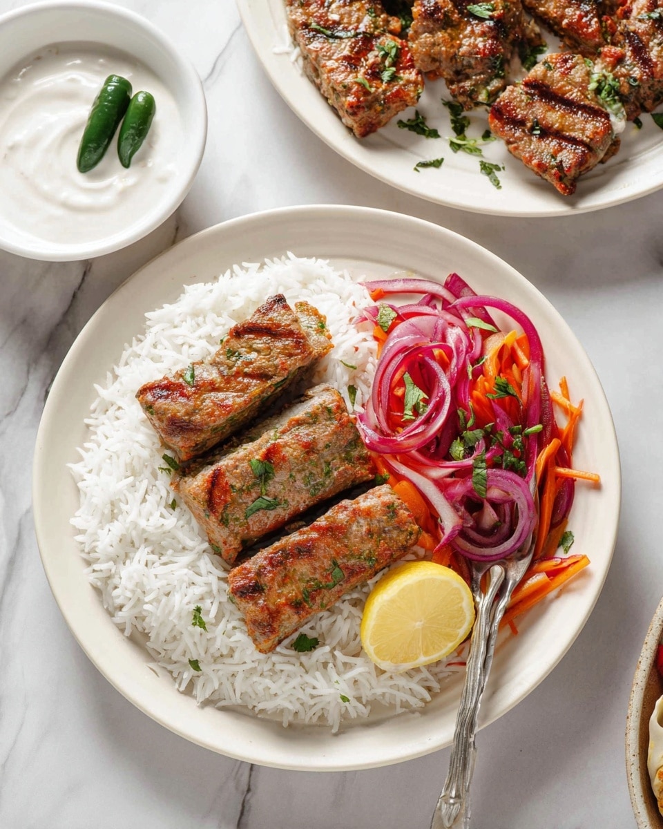 The image shows a plate with three layers of food arranged side by side. At the bottom left is a layer of white, fluffy rice with separated grains. On top of the rice towards the center are three rectangular pieces of grilled meat, each with grill marks and some green herbs scattered on top. To the right of the meat is a pile of thinly sliced red onions and carrots, mixed with green herbs, showing bright reds, purples, and orange colors. A lemon wedge is placed at the right edge of the meat. A silver fork rests on the right edge of the plate. Above this plate, there is a partial view of a white plate holding more pieces of grilled meat with similar grill marks, garnished with chopped herbs and two lemon wedges at one side. To the left of these plates is a small white bowl filled with a smooth white sauce with two small green chili peppers on top. The whole scene is set on a white marbled surface. Photo taken with an iphone --ar 4:5 --v 7