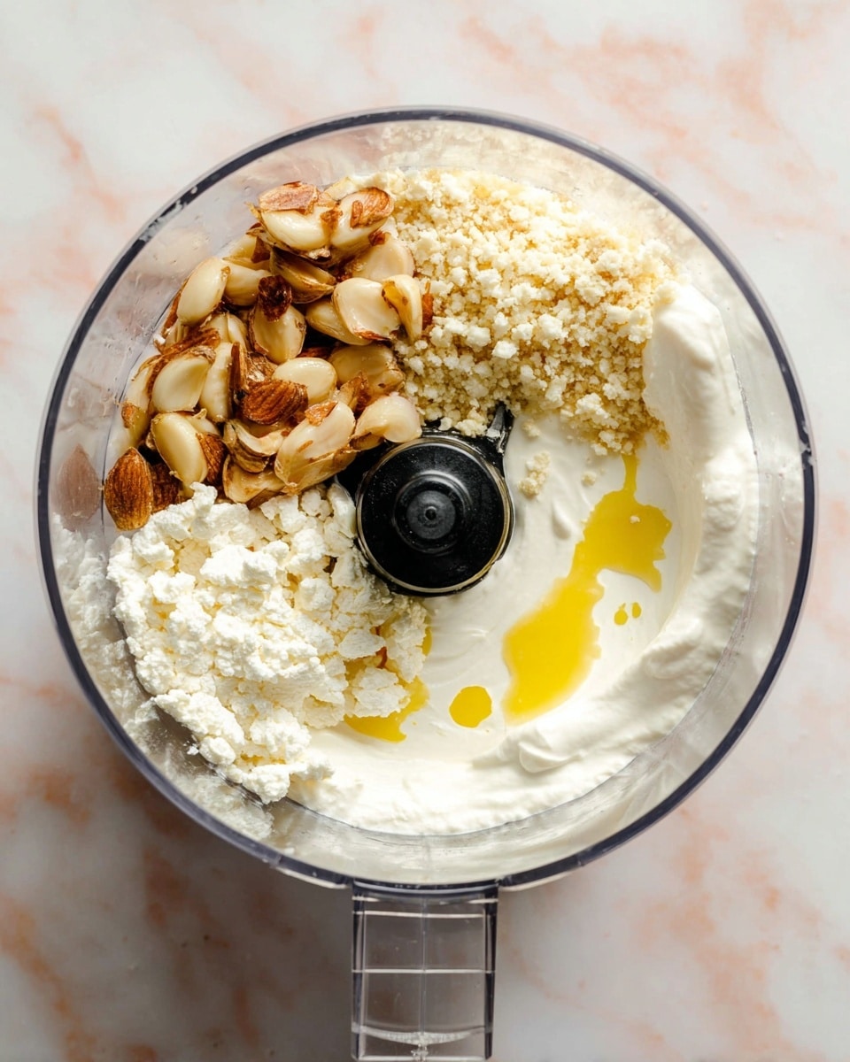 The image shows a clear round food processor bowl with four main layers of ingredients inside. On the left side, there are browned roasted garlic cloves with a light brown and slightly caramelized texture. Next to the garlic, covering most of the bowl bottom, is a crumbly white cheese layer that looks firm but fresh. On the right side above the cheese, there is a thick creamy white layer of yogurt with bright yellow oil spots on top. The inside of the bowl has a black central blade and is placed on a surface with a white marbled texture. Photo taken with an iphone --ar 4:5 --v 7