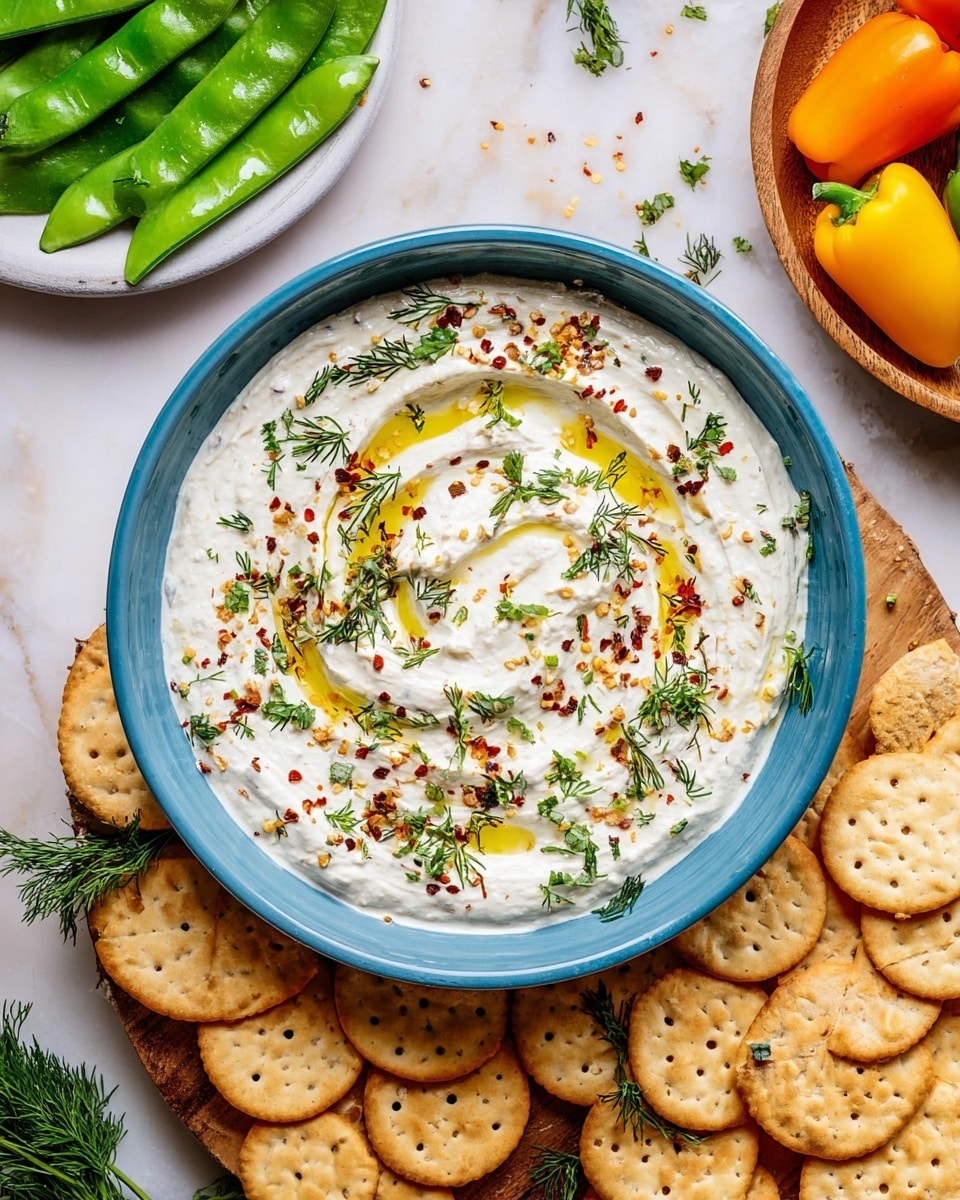 A blue bowl filled with a creamy white dip sits in the center on a white marbled surface. The dip has swirls on top with a drizzle of golden olive oil, sprinkled with red chili flakes and finely chopped green herbs like parsley and dill scattered across it. Around the bowl, there are round light golden crackers placed on wooden boards and a white plate filled with fresh green snap peas. There are also some small yellow and orange mini peppers visible in a wooden bowl at the top right corner. The whole setup is bright and fresh with a clean, simple look. photo taken with an iphone --ar 4:5 --v 7