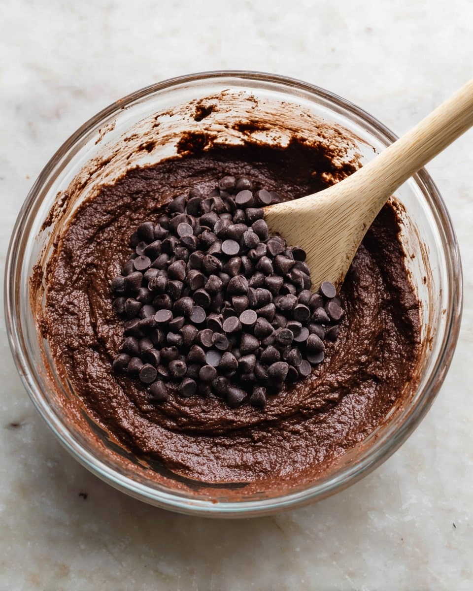 A clear glass bowl on a white marbled surface holds thick, dark brown chocolate batter spread evenly inside with a rough texture. On top of the batter, there is a pile of small, shiny, dark chocolate chips concentrated in the center. A wooden spoon with a smooth, pale handle is partly buried in the batter, leaning slightly to the left, with some batter clinging to its edge. The bowl edges have some chocolate smudges. photo taken with an iphone --ar 4:5 --v 7