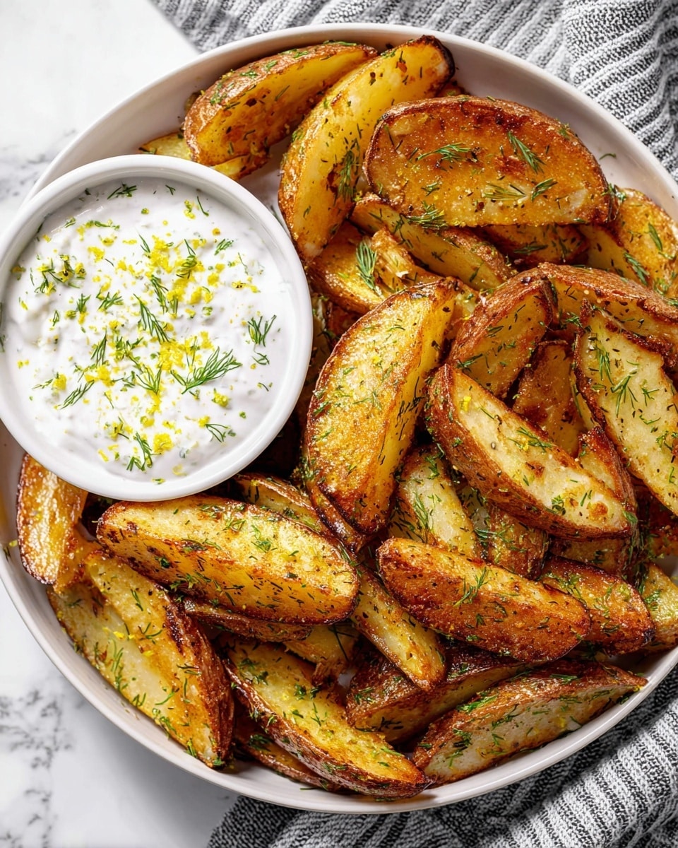 A round white plate filled with golden-brown roasted potato wedges arranged in a slightly overlapping pile, each wedge showing a crispy skin and soft inside with herb sprinkles scattered over them, mainly green dill and small bits of yellow lemon zest. On the left side, a white bowl is placed on the plate, filled with a creamy white dip topped with finely chopped herbs and lemon zest in the center. The plate is set on a white marbled surface with a gray and white striped cloth partially visible in the background. photo taken with an iphone --ar 4:5 --v 7