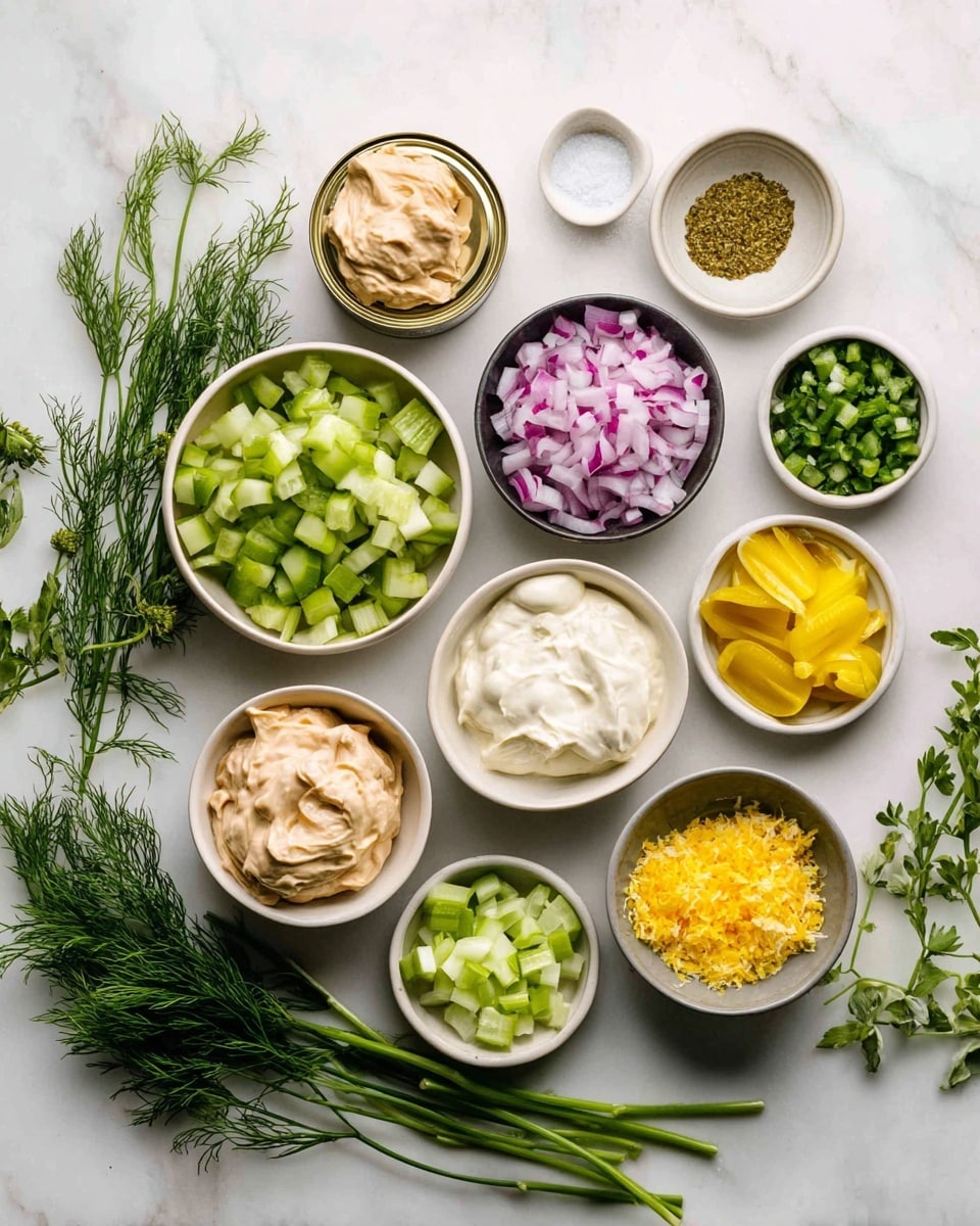 This image shows a top-down view of various ingredients in small bowls arranged on a white marbled surface. There are two open cans with a light tan spread, a bowl with chopped green pickles, a bowl with finely chopped red onions, and another bowl with diced light green celery. There is a bowl filled with white creamy mayonnaise, and small dishes holding yellow mustard, lemon juice, and bright yellow lemon zest. Around the bowls are fresh green herbs, including chives and dill. The colors range from green, yellow, white, tan, and red, creating a fresh and vibrant setting. photo taken with an iphone --ar 4:5 --v 7
