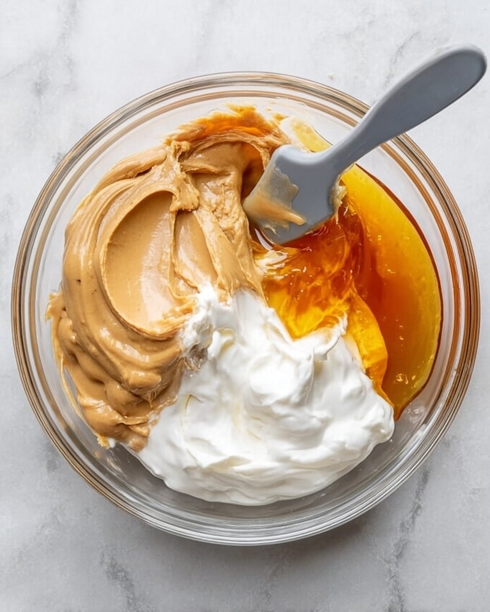 A clear glass bowl sits on a white marbled surface filled with four different ingredients in distinct sections: creamy peanut butter in light brown with a smooth texture at the bottom, thick white yogurt or sour cream on the top right, a golden honey-like liquid pooling around the edges, and a gray spatula resting inside the bowl angled toward the center. The ingredients are unmixed and neatly arranged, showing clear contrast between each color and texture photo taken with an iphone --ar 4:5 --v 7