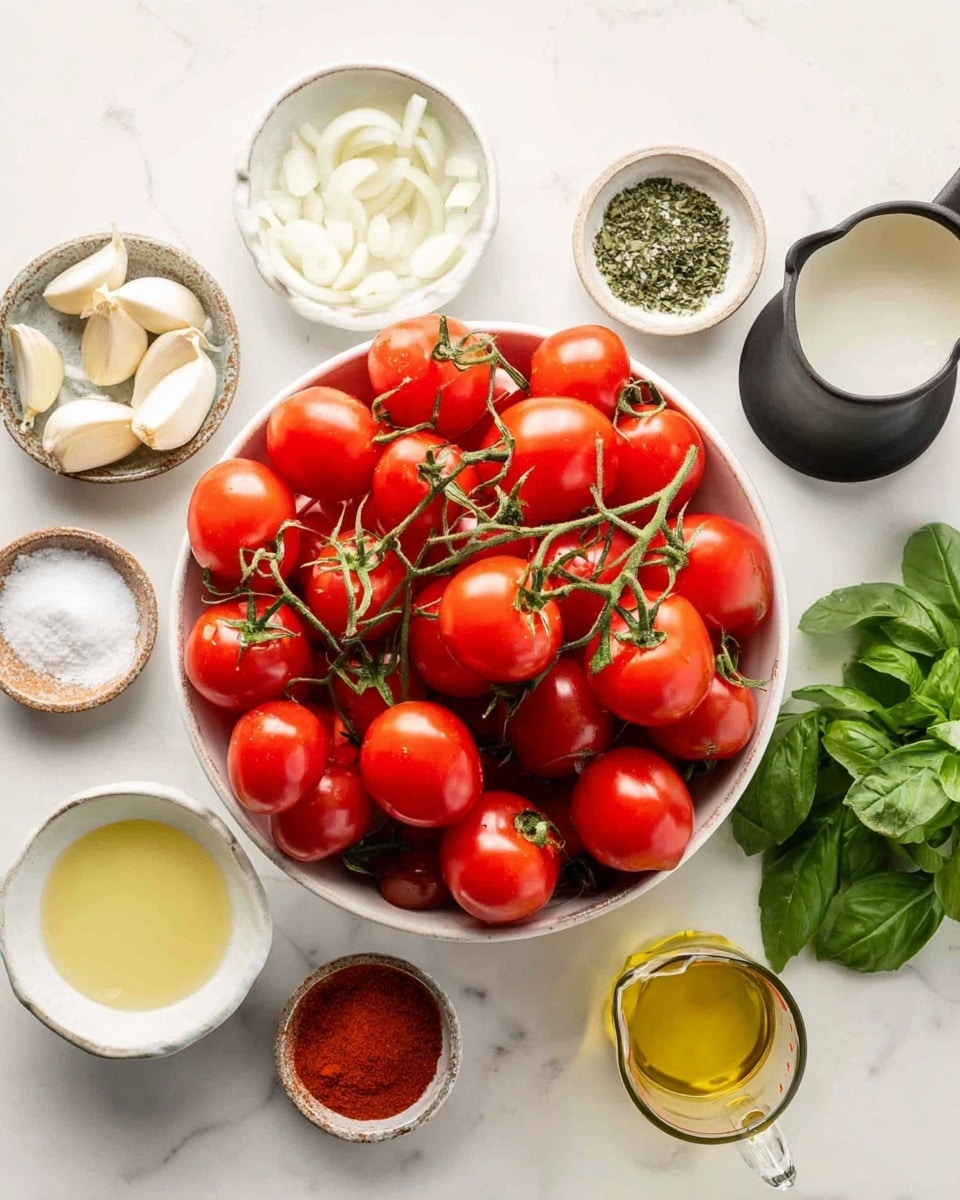 A white bowl filled with many bright red cherry tomatoes still on green vines is placed at the center on a white marbled surface. Surrounding the bowl are small white dishes and containers, including peeled white garlic cloves in a small bowl above left, white onion slices in a bowl below left, a tiny dish of salt near the garlic, a ceramic bowl of golden olive oil above right, a small bowl with green dried herbs next to it, and another small bowl with reddish smoked paprika. Fresh green basil leaves are on the far right, near a black pitcher with a spout filled with a pale liquid, and a clear glass measuring cup with pale yellow liquid is at the bottom right. The scene is bright and clear, photo taken with an iphone --ar 4:5 --v 7