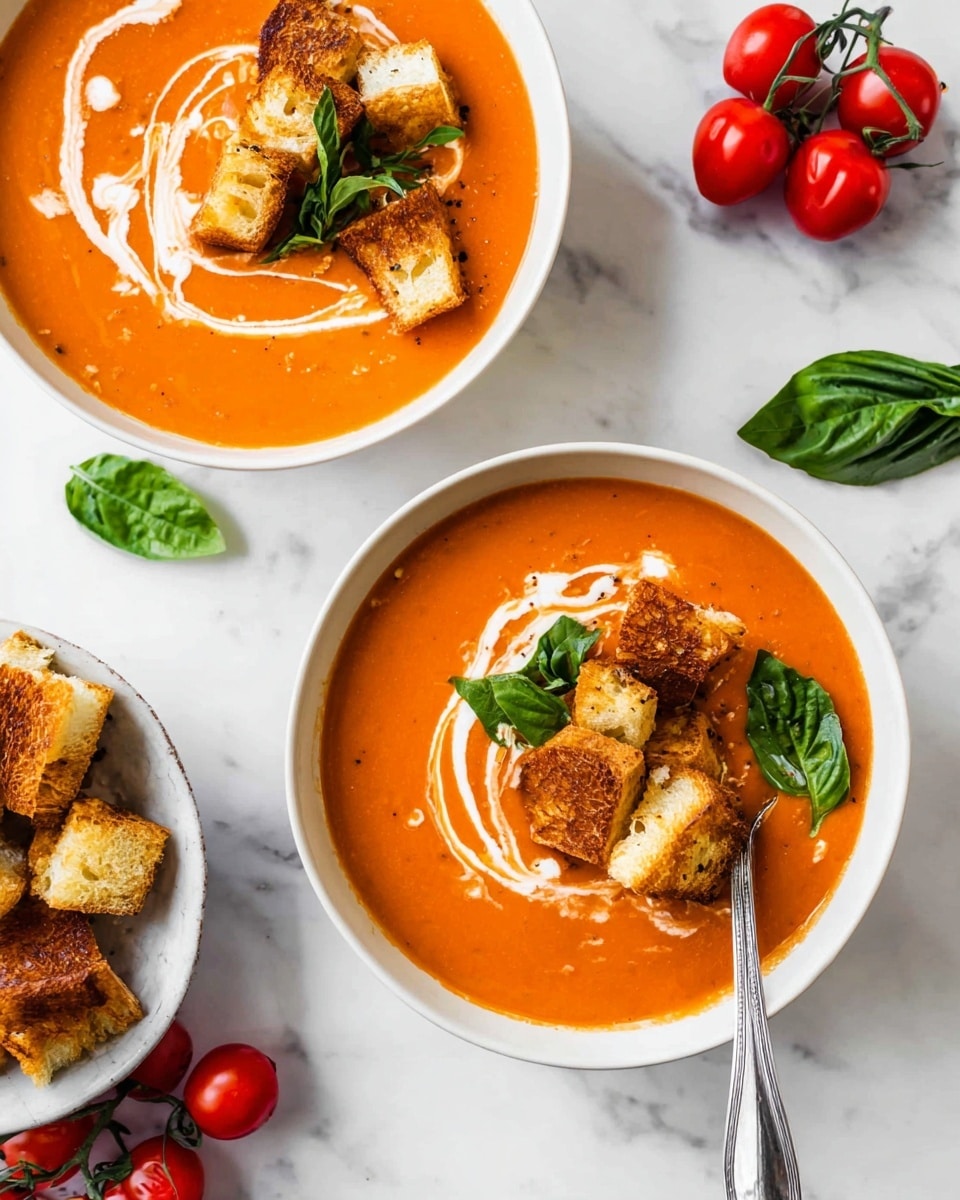 Two white bowls filled with smooth orange tomato soup are placed on a white marbled surface. Each bowl has a swirl of white cream on top, adding a gentle curve across the soup's surface. On the soup’s right side, several pieces of toasted, golden-brown bread with a crispy texture float, slightly overlapping. Bright green basil leaves lay on the soup near the bread, adding fresh color contrast. A silver spoon rests in the bottom bowl, partially dipped into the soup near the bread pieces. To the top left of the bowls, a white bowl holds more toasted bread chunks. Clusters of bright red cherry tomatoes and fresh green basil sprigs are scattered around the bowls, enhancing the fresh and colorful setting. Photo taken with an iphone --ar 4:5 --v 7