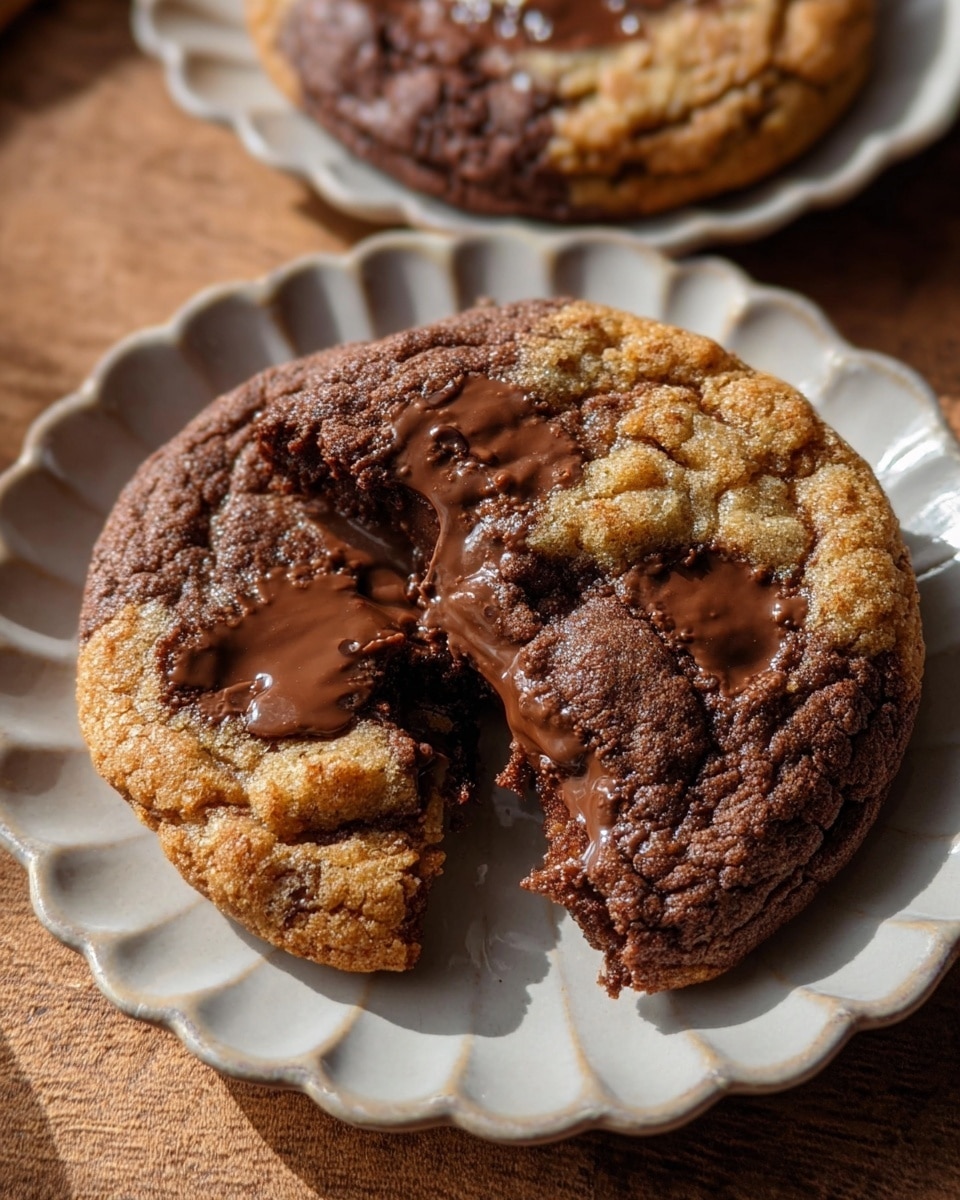 A thick cookie with two visible layers sits on a white scalloped plate placed on a brown wooden surface. The cookie has a rough texture and is mostly light brown on one side and dark brown on the other, with swirled patches where the two colors mix. The top layer of the cookie is partially broken showing melted, shiny chocolate chunks inside, which look smooth and soft. Another similar cookie is visible in the background. photo taken with an iphone --ar 4:5 --v 7