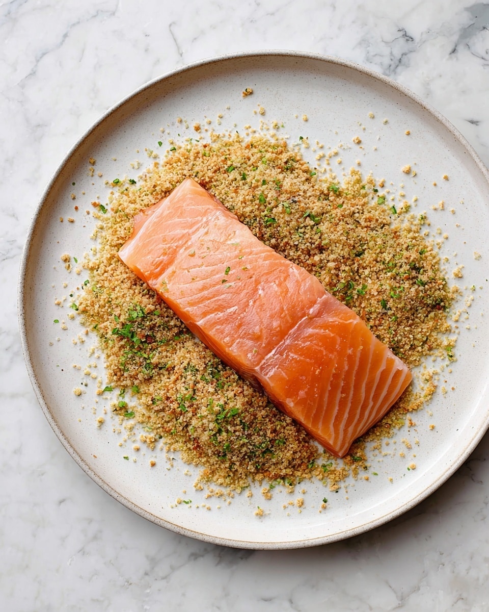 A fresh piece of raw salmon with a smooth, shiny texture and pinkish-orange color lies centered on a round white plate. The salmon is placed on a bed of coarse, crumbly seasoning mix that is golden brown with specks of green herbs, spread evenly across the plate underneath and around the salmon. The plate is set on a white marbled surface, adding a clean and elegant backdrop to the dish. photo taken with an iphone --ar 4:5 --v 7