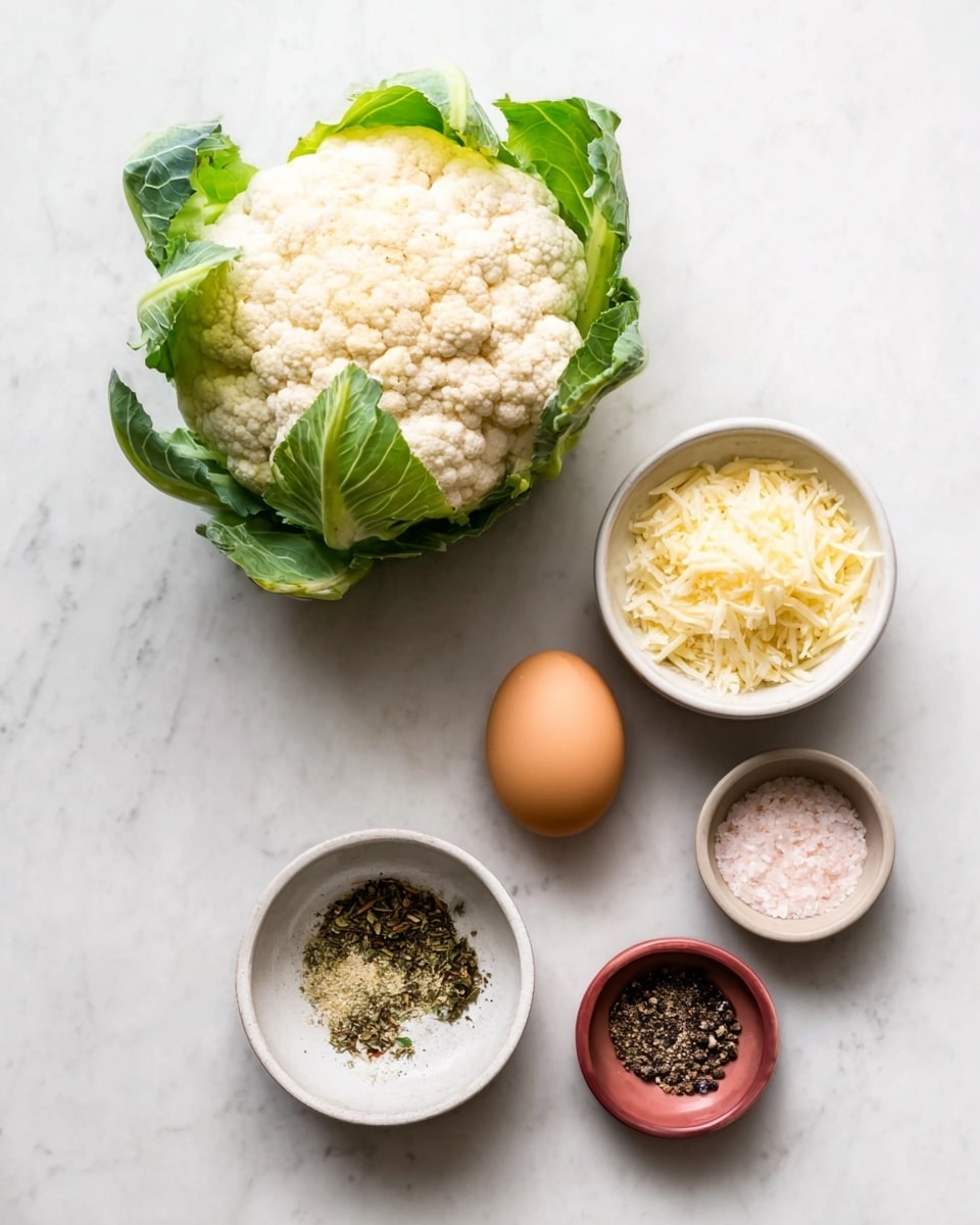 A fresh cauliflower with green leaves is placed on the bottom left on a white marbled surface, above it is a brown egg, and to the right of the egg is a small white bowl filled with grated cheese that looks light yellow and fluffy. Below the cauliflower, there is a small white bowl with a mix of dry herbs and spices that are green and brown. To the right of this, there are three small round containers with reddish rims; the closest has light pink salt, the middle one contains black pepper, and the farthest has more black pepper. The overall layout is neat, with each ingredient clearly visible and spaced out. Photo taken with an iphone --ar 4:5 --v 7