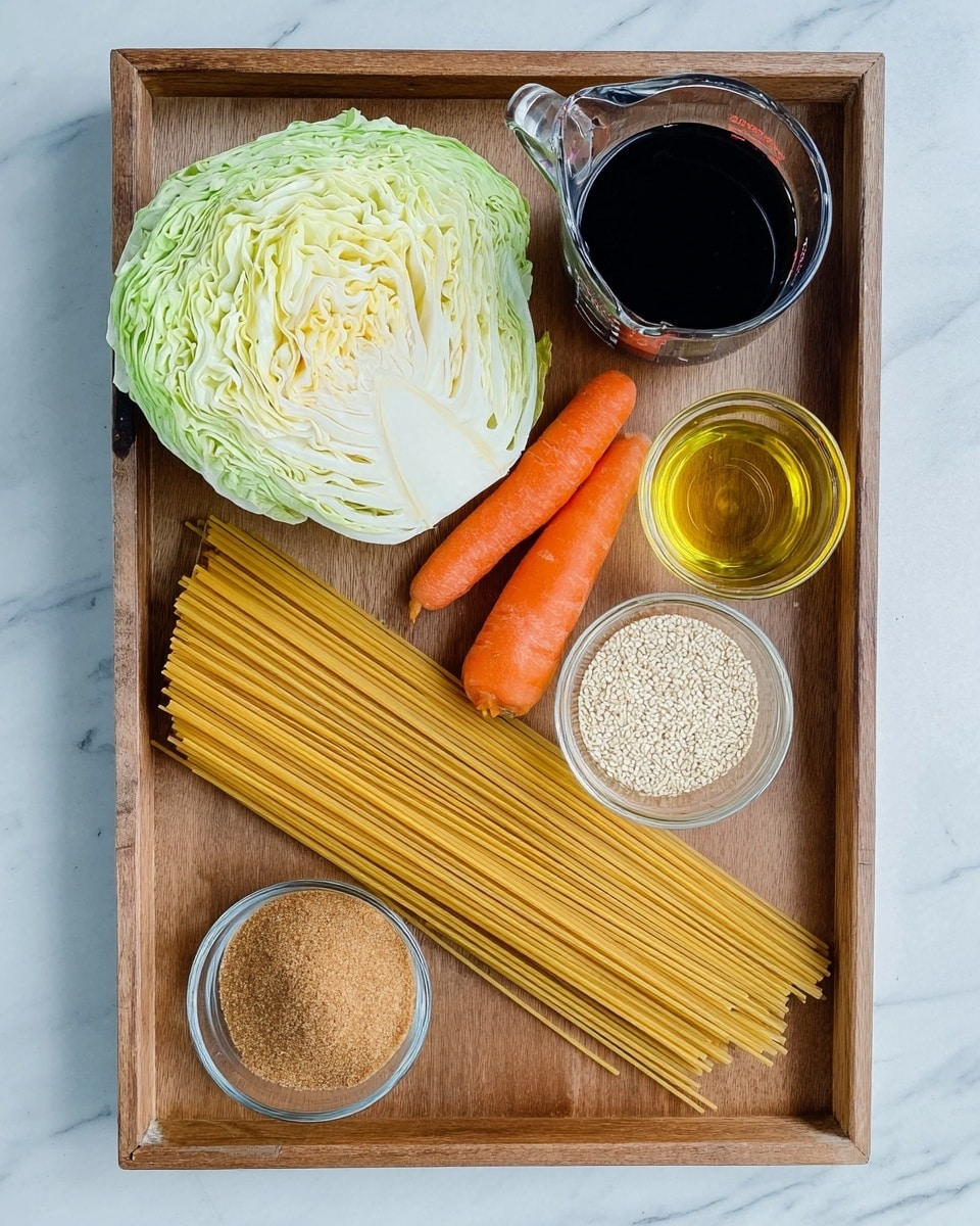 The image shows a wooden tray on a white marbled surface with several ingredients arranged neatly. In the top left corner, there is a half head of green cabbage with light green and white layers. Next to it on the right is a glass measuring cup filled with a dark liquid. Below the cabbage, there are two whole orange carrots beside a clear bowl containing light brown powder. A bundle of uncooked yellow spaghetti is spread diagonally across the tray, covering much of the center. At the bottom center, there is a small glass bowl filled with brown sugar, and to its right, a tiny pile of sesame seeds in another clear bowl. Above the sesame seeds is a small glass of golden oil. The whole setup is simple and clean. Photo taken with an iphone --ar 4:5 --v 7