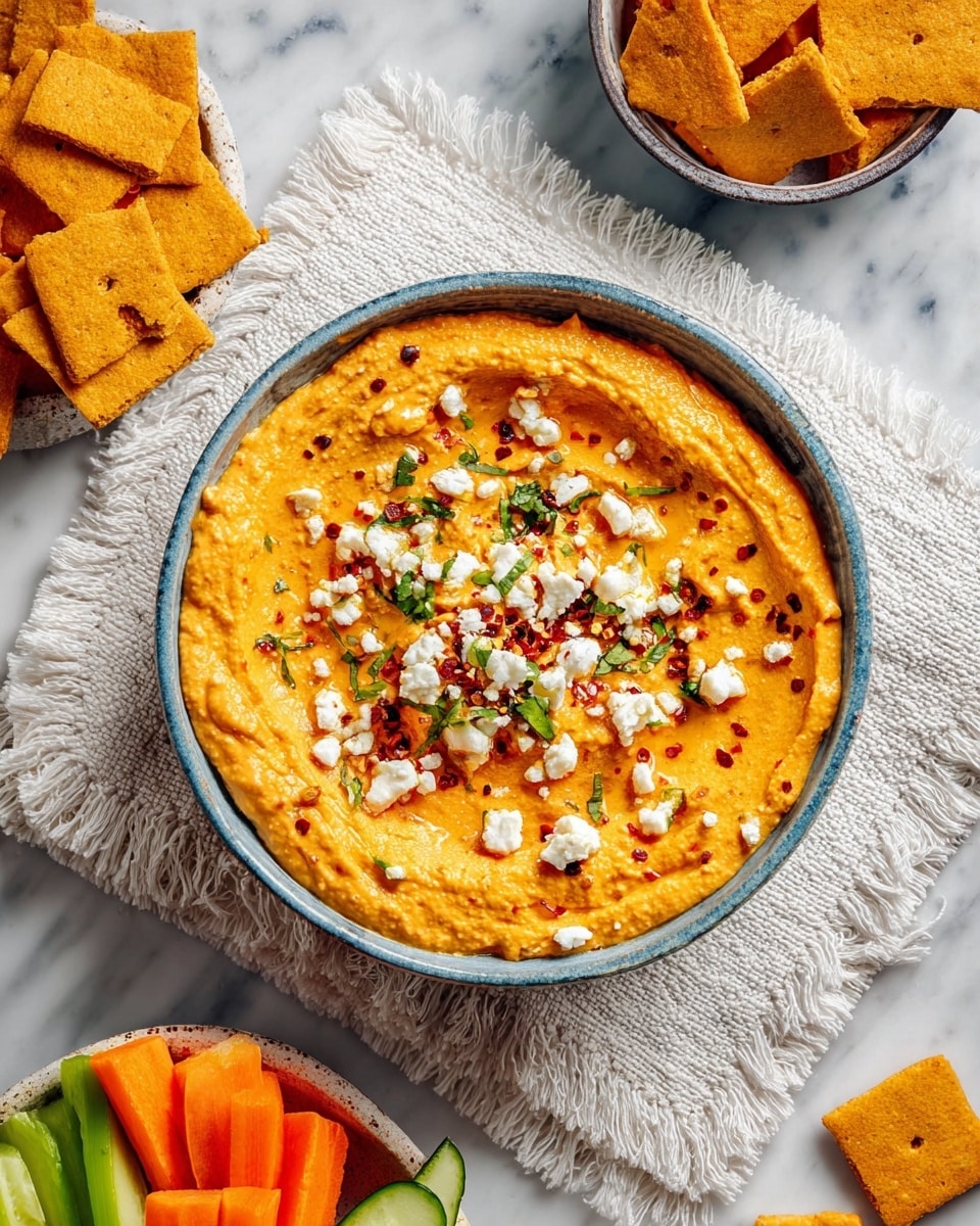 The image shows a bowl of orange hummus with a smooth and slightly creamy texture, topped with small white cheese crumbles, finely chopped green herbs, and scattered red chili flakes, all spread evenly on the surface. The bowl sits on a white textured cloth with fringed edges, placed on a white marbled surface. Surrounding the main bowl, there is a smaller bowl filled with orange square crackers and a partially visible bowl with sliced carrots and cucumber sticks, all arranged neatly and adding vibrant colors of orange, yellow, red, and green to the scene. Photo taken with an iphone --ar 4:5 --v 7
