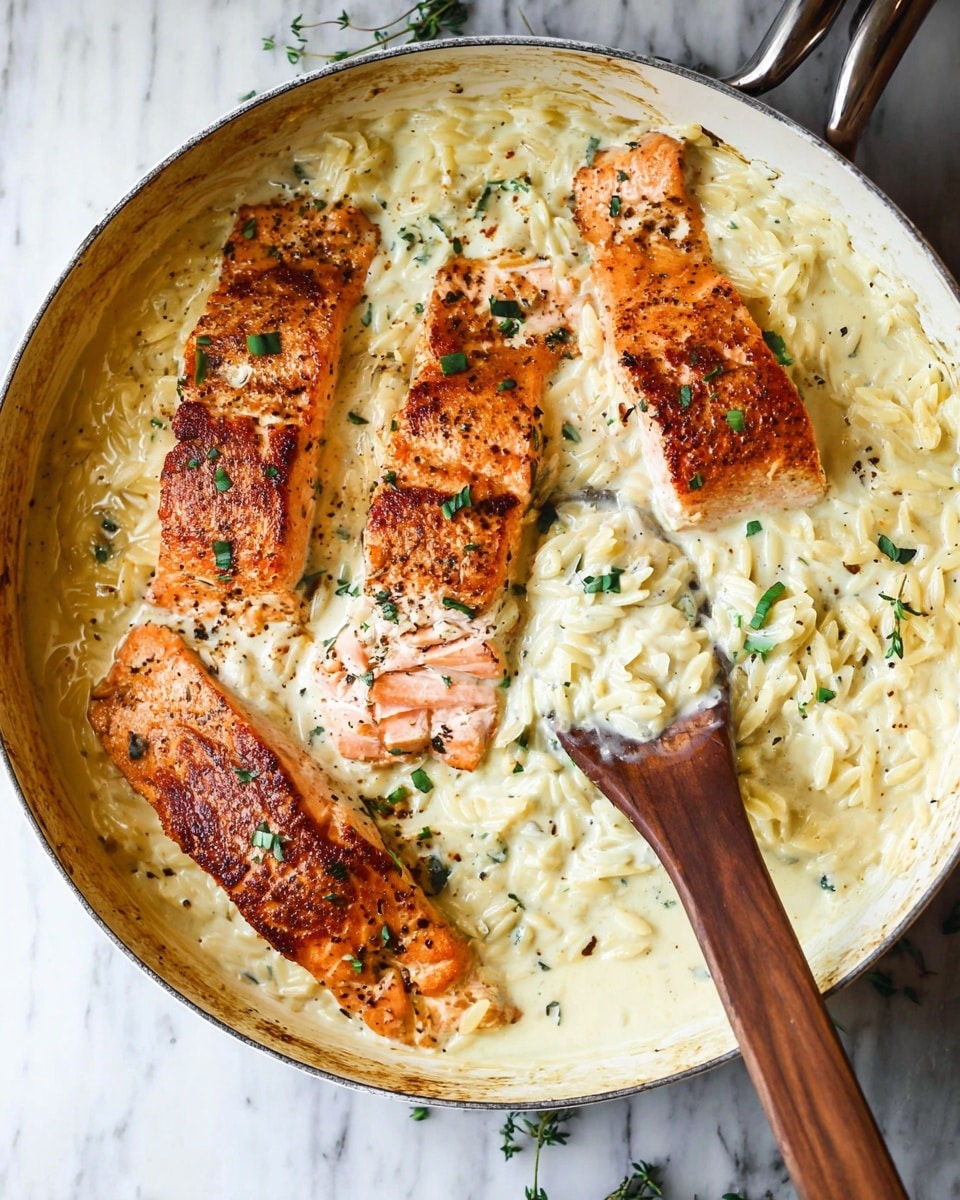 The image shows a white pan filled with creamy sauce and orzo pasta as the base layer. On top of this creamy layer are four pieces of golden-brown cooked salmon, slightly crispy on the outside with a reddish-orange hue. The salmon pieces are garnished with small green herb pieces scattered over them. A wooden spoon scooping some of the creamy orzo and sauce is placed in the pan, with the handle resting on the side. The pan sits on a white marbled surface, adding a clean and bright look to the scene. photo taken with an iphone --ar 4:5 --v 7