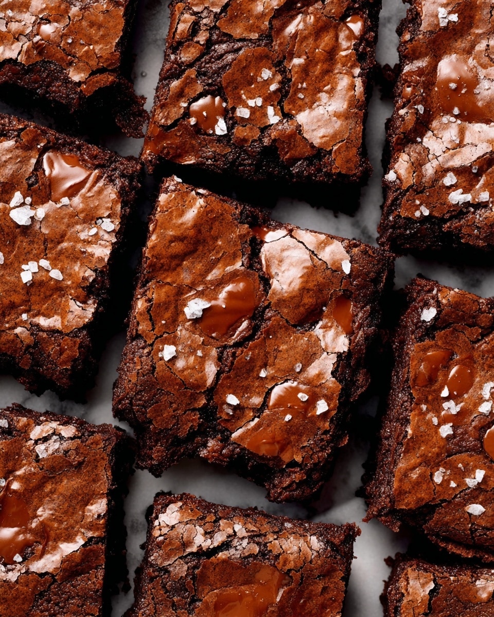 This image shows a close-up of several square brownies with a shiny, cracked top layer in deep brown color. The brownies have large, shiny melted chocolate spots that add a glossy dark brown texture on each piece. Light flakes of sea salt are sprinkled unevenly on top, contrasting with the dark chocolate. The brownies are arranged tightly next to each other, showing a slightly rough texture along the edges and a soft, moist inside visible near the chocolate spots. The whole view is set against a white marbled surface. photo taken with an iphone --ar 4:5 --v 7