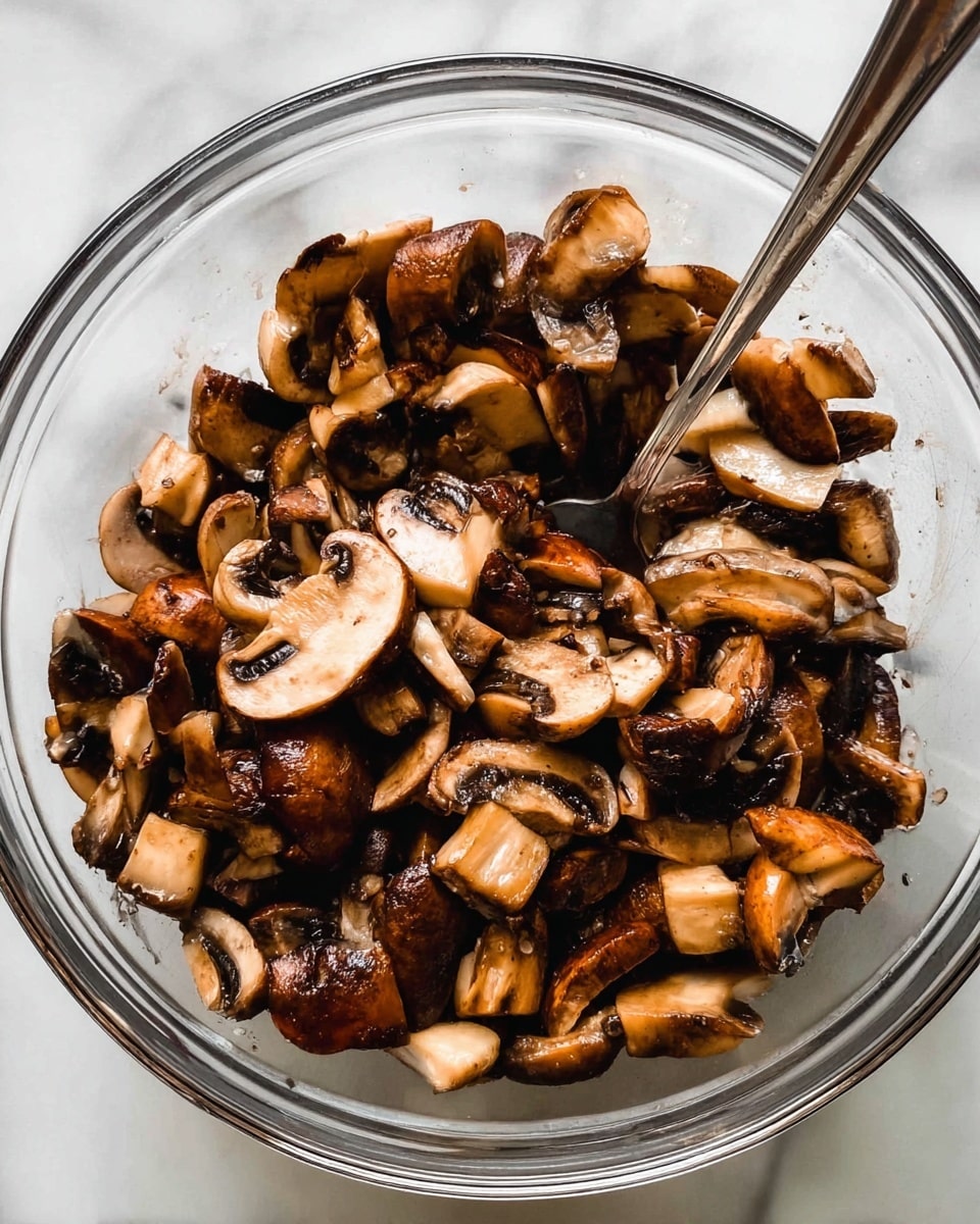 A clear glass bowl filled with cooked mushroom pieces, showing various shades of brown from light to dark with a moist and slightly shiny texture. The mushrooms are cut into halves and quarters, layered unevenly inside the bowl. A silver spoon rests inside the bowl on the right side, partially under the mushrooms. The background is a white marbled surface. photo taken with an iphone --ar 4:5 --v 7