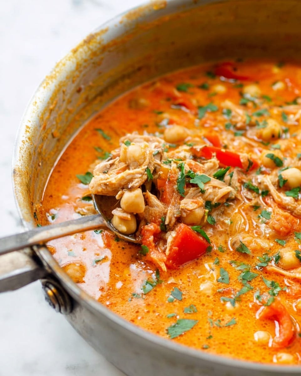 A close-up of a metal pot filled with a creamy orange stew with chunks of shredded meat, round chickpeas, and slices of red bell peppers mixed in, garnished with chopped green herbs scattered on top. A metal spoon is partially dipped into the stew, lifting some of the ingredients, and the inside of the pot shows splashes of sauce around the sides. The pot rests on a white marbled surface. photo taken with an iphone --ar 4:5 --v 7